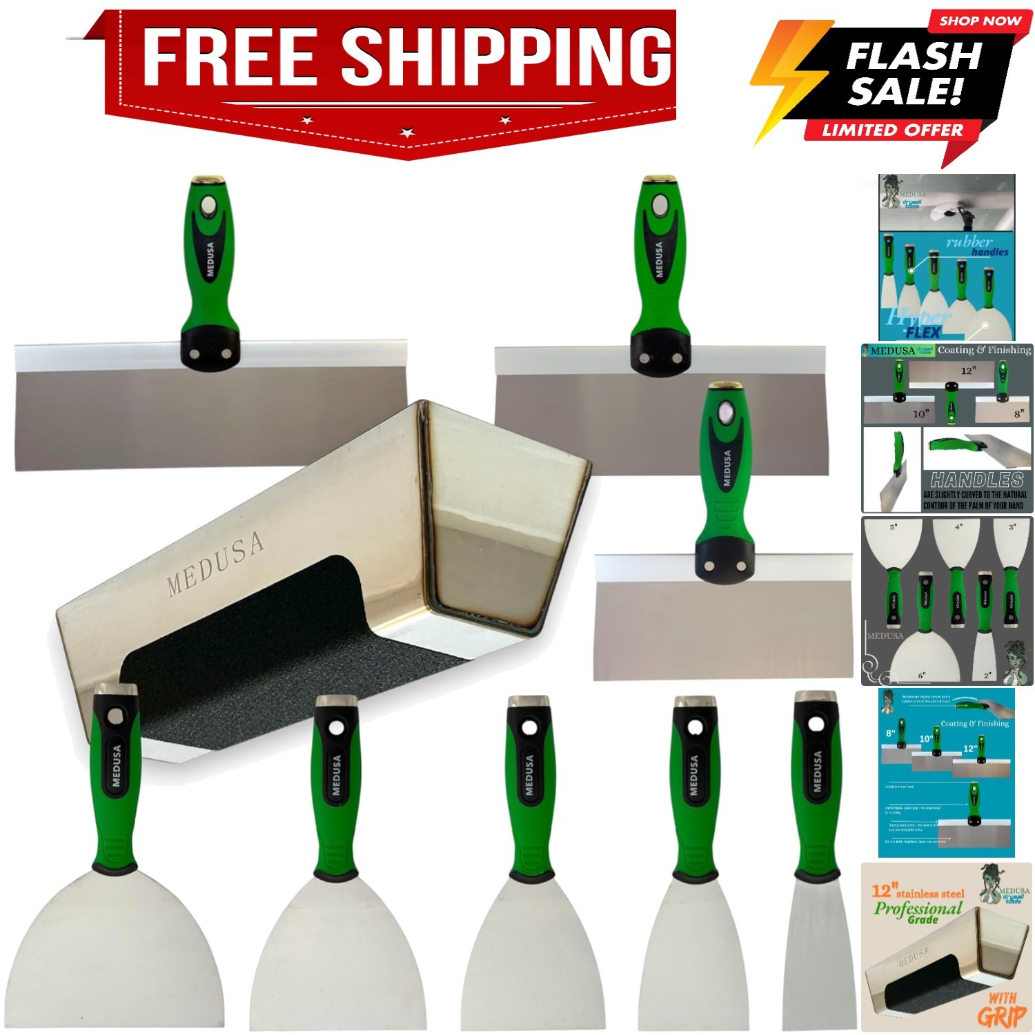 s Flexible Stainless Steel Drywall Taping Knife Set with 12" Mud Pan and Grip...