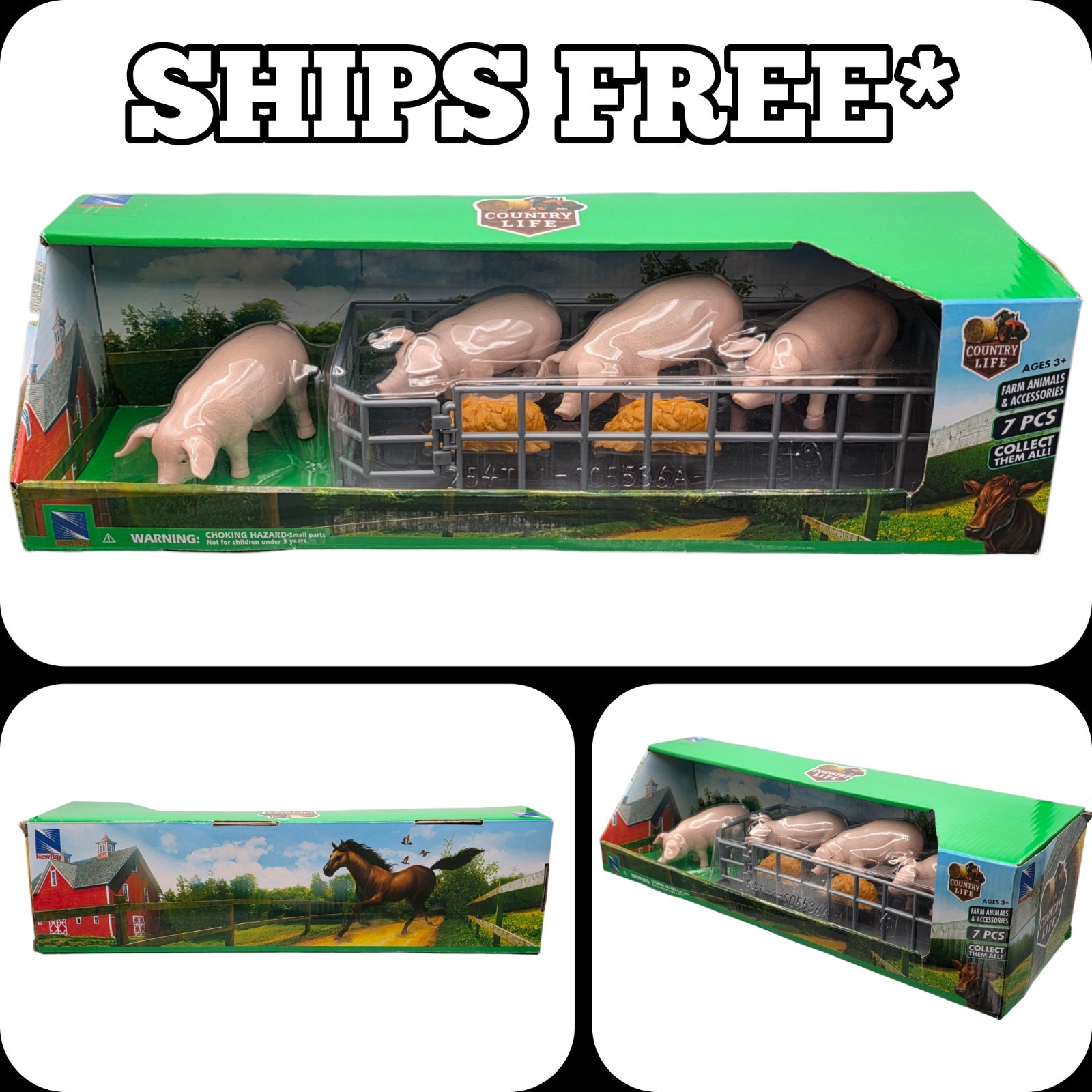 New Ray 1/18 Country Life Landrace Hog Pig Farm Animal Feeding Kids Play Set NIB