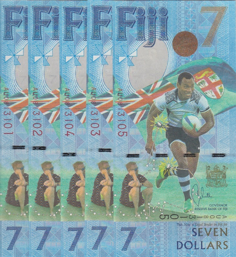 FIJI 7 DOLLARS X 5 UNCIRCULATED P-NEW BANKNOTE  RUBGY GOLD OLYMPIANS USA SELLER