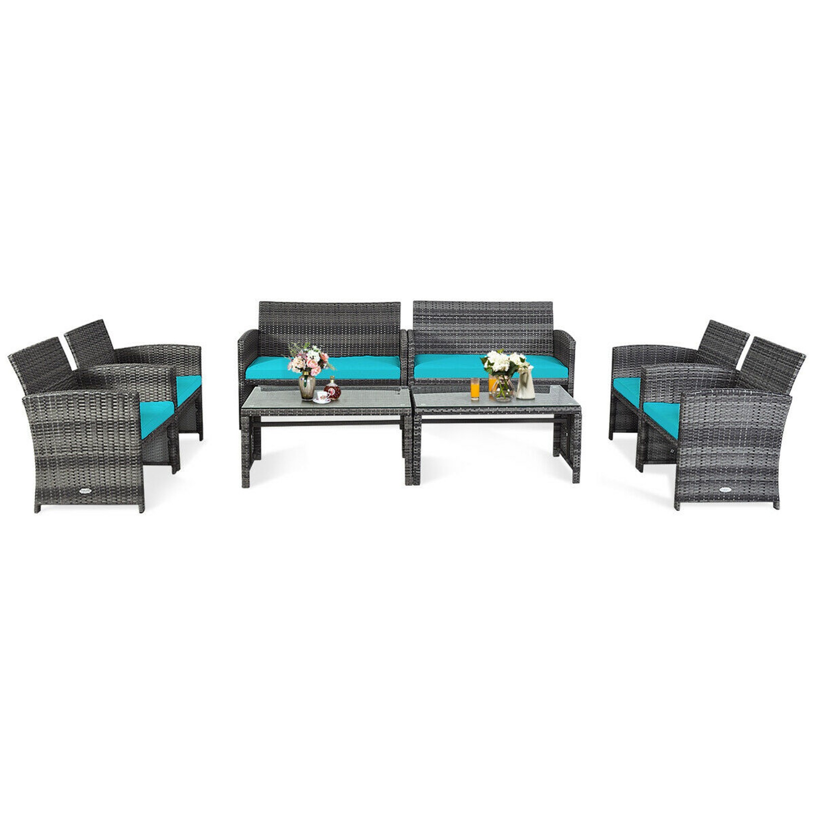 8PCS Patio Outdoor Rattan Conversation Furniture Set w/ Turquoise Cushion