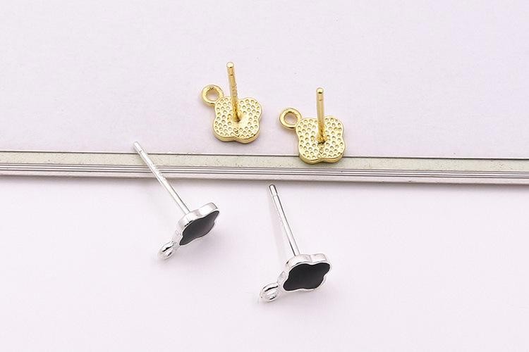 1Pair Sterling Silver Enamel Clover Stud Earrings Component, Flower Earrings Su
