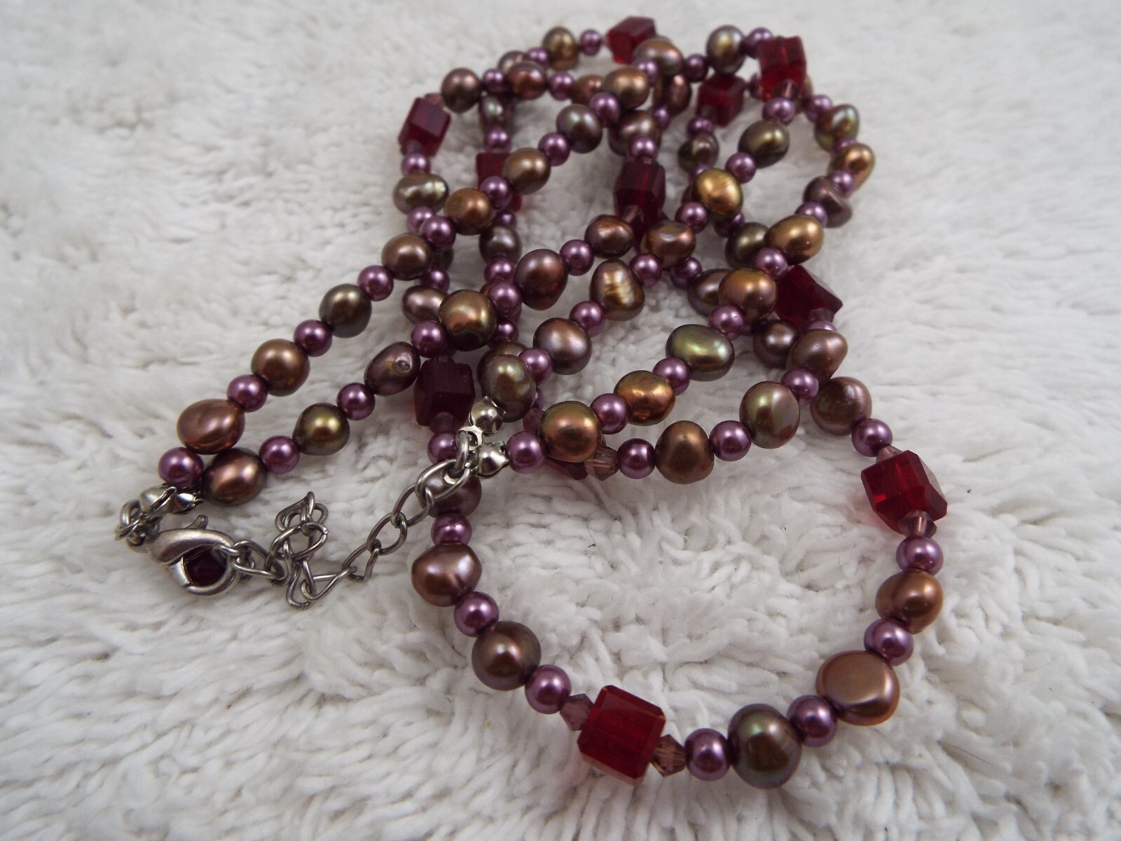 Brown Genuine Pearl & Red Purple Glass Bead Necklace (K20)