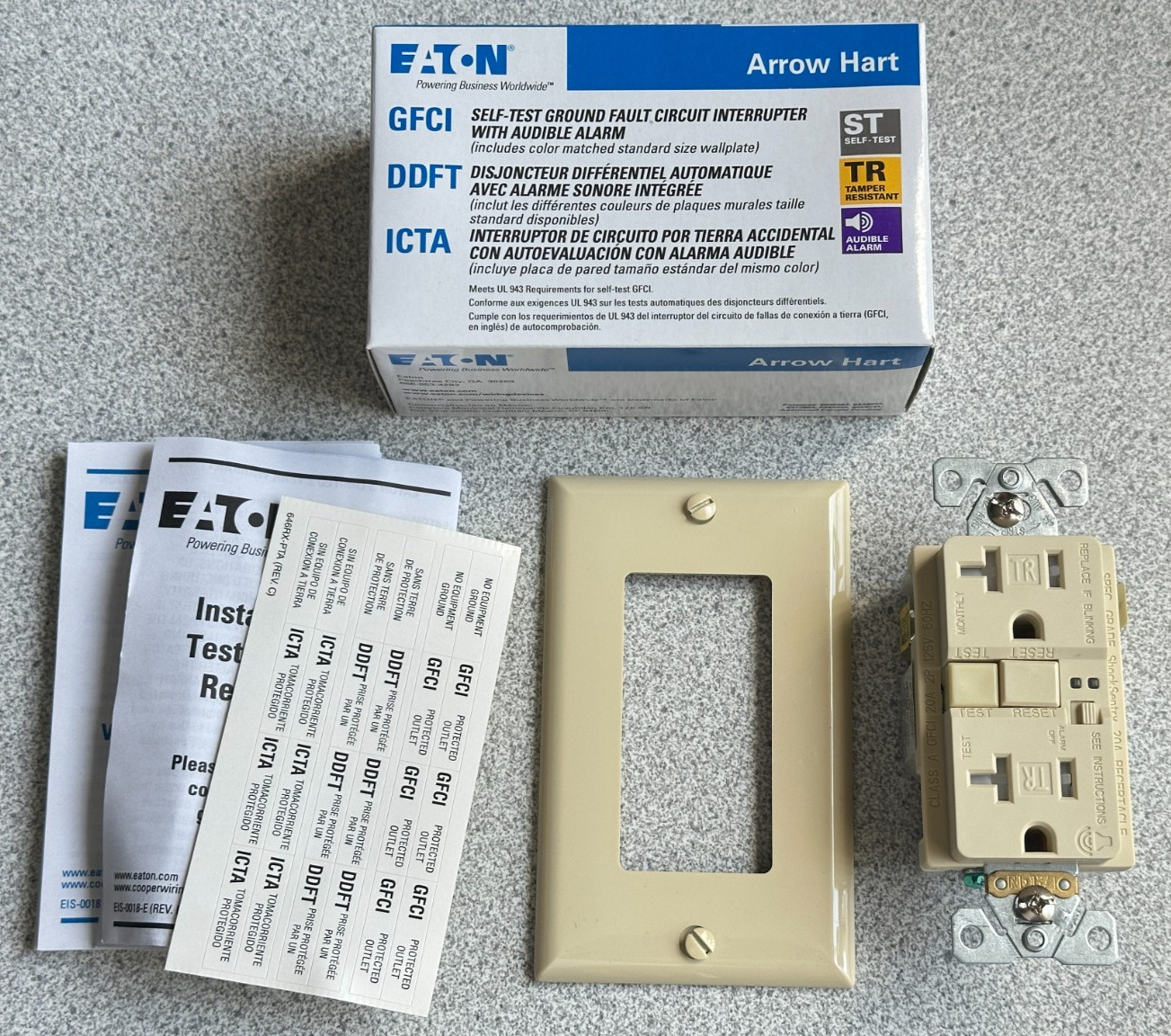 NEW Eaton TRSGFA20V Tamper Resistant Duplex GFCI Outlet w/ Audible Alarm Ivory