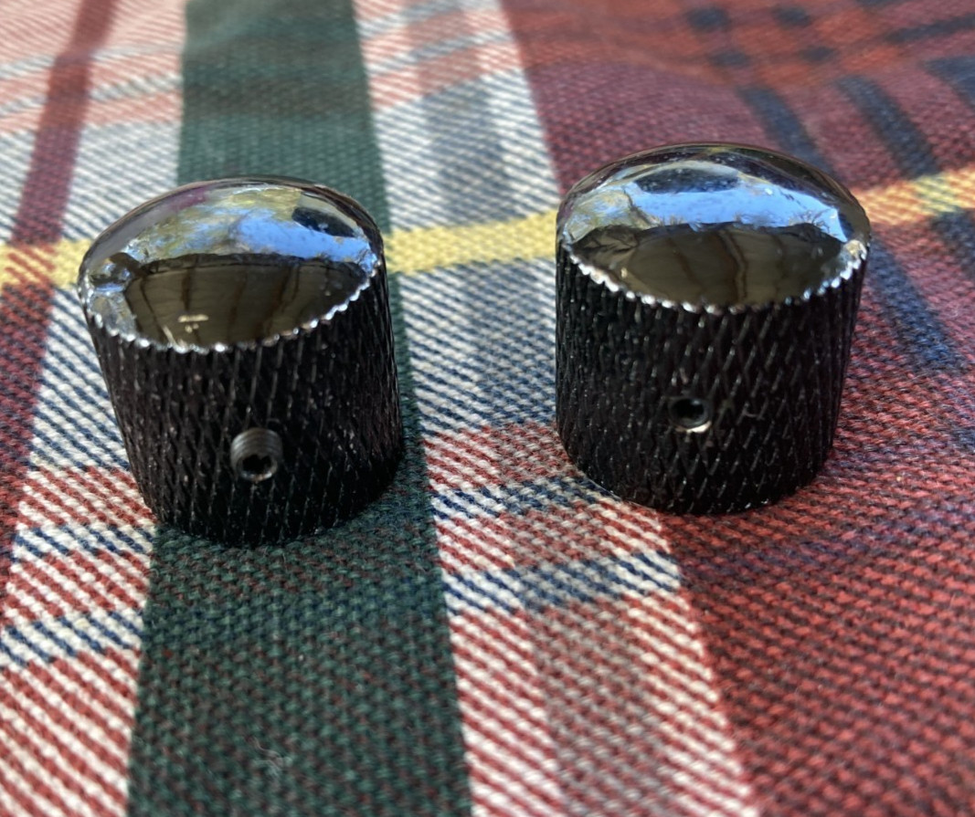 Two Black Vintage 1990s Dome Guitar or Bass Knobs- Set Screw-On