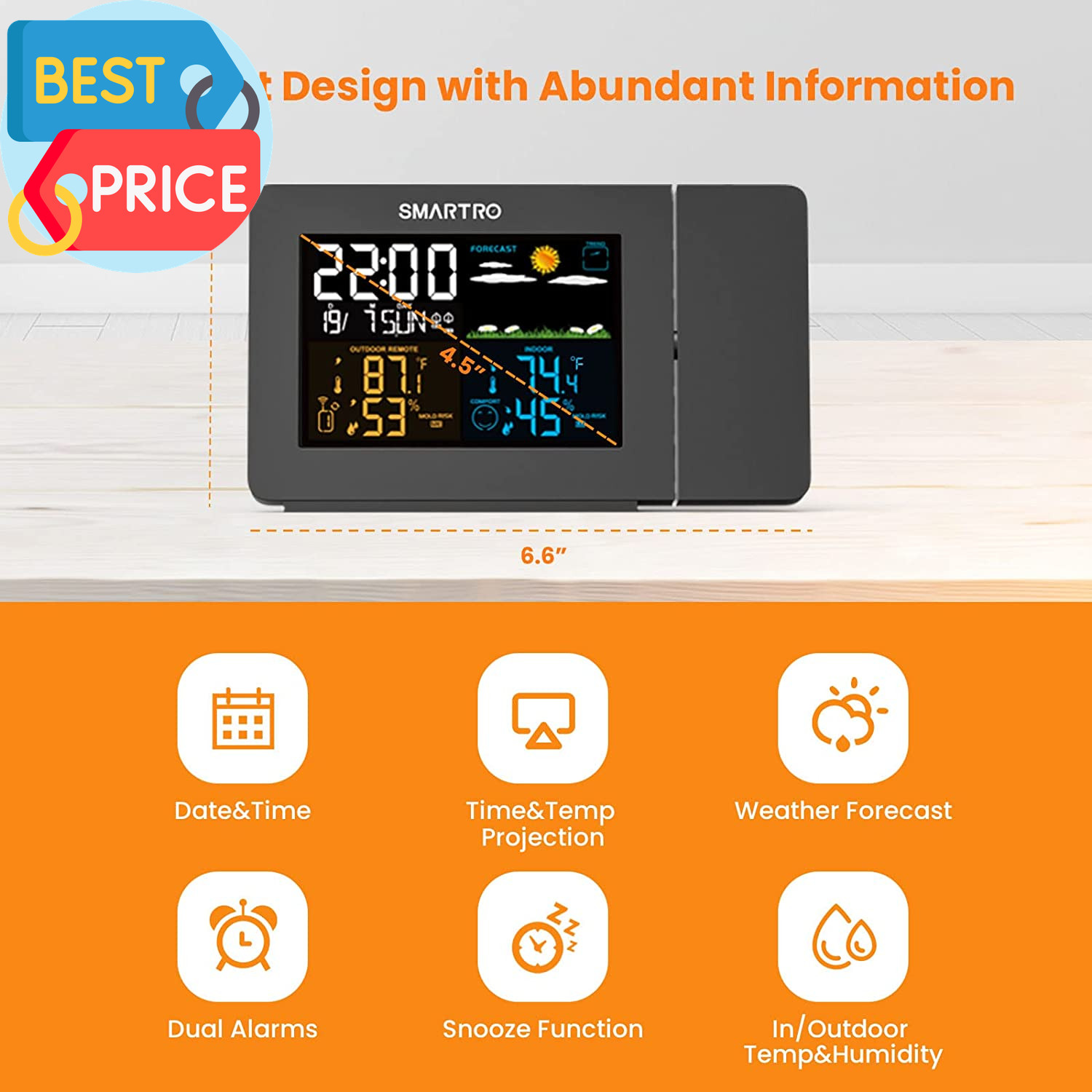 SC91 Projection Alarm Clock for Bedrooms with Weather Station, Wireless Indoor O