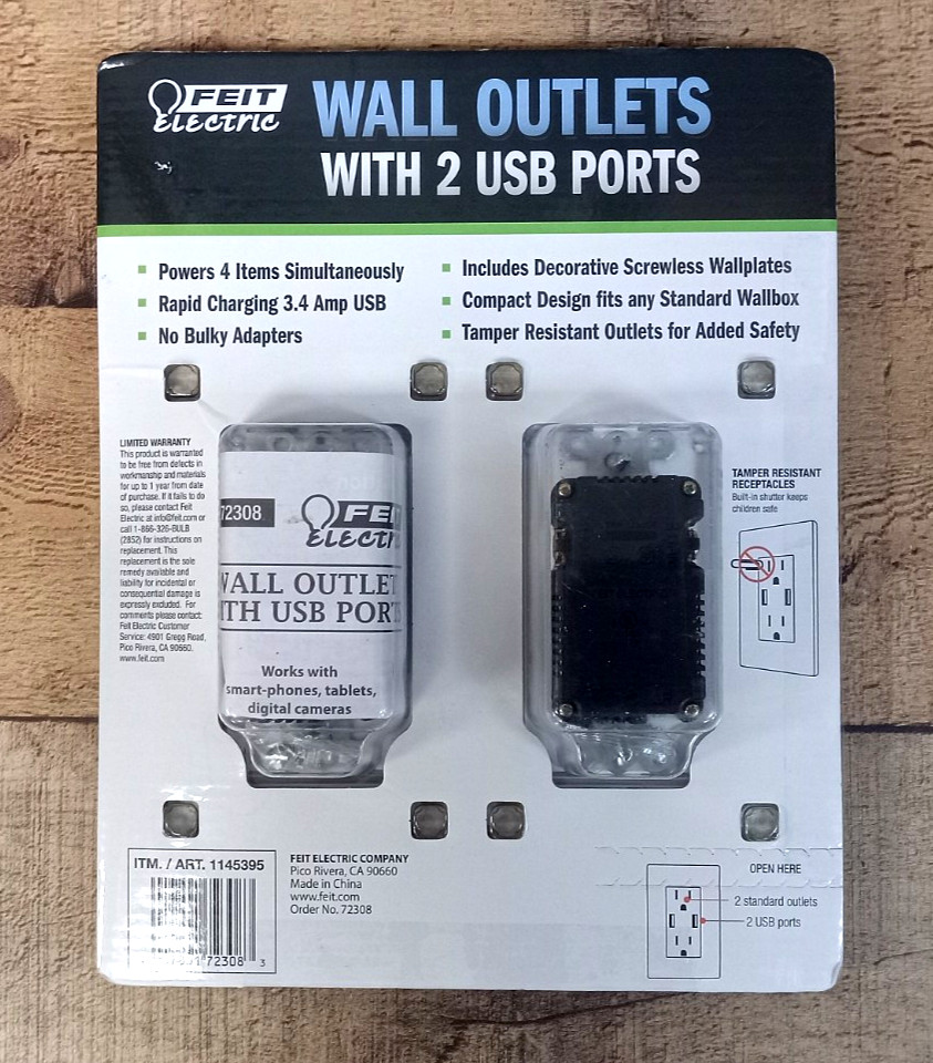 2 PACK - Feit Electric Wall Outlets With 2 USB Ports - Rapid Charging