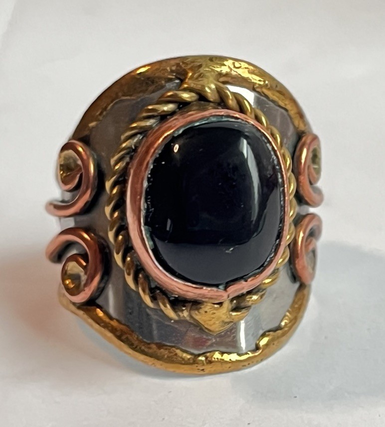 Black Onyx Stone Cuff Ring Adjustable Boho Handcrafted Mixed Metal Ring