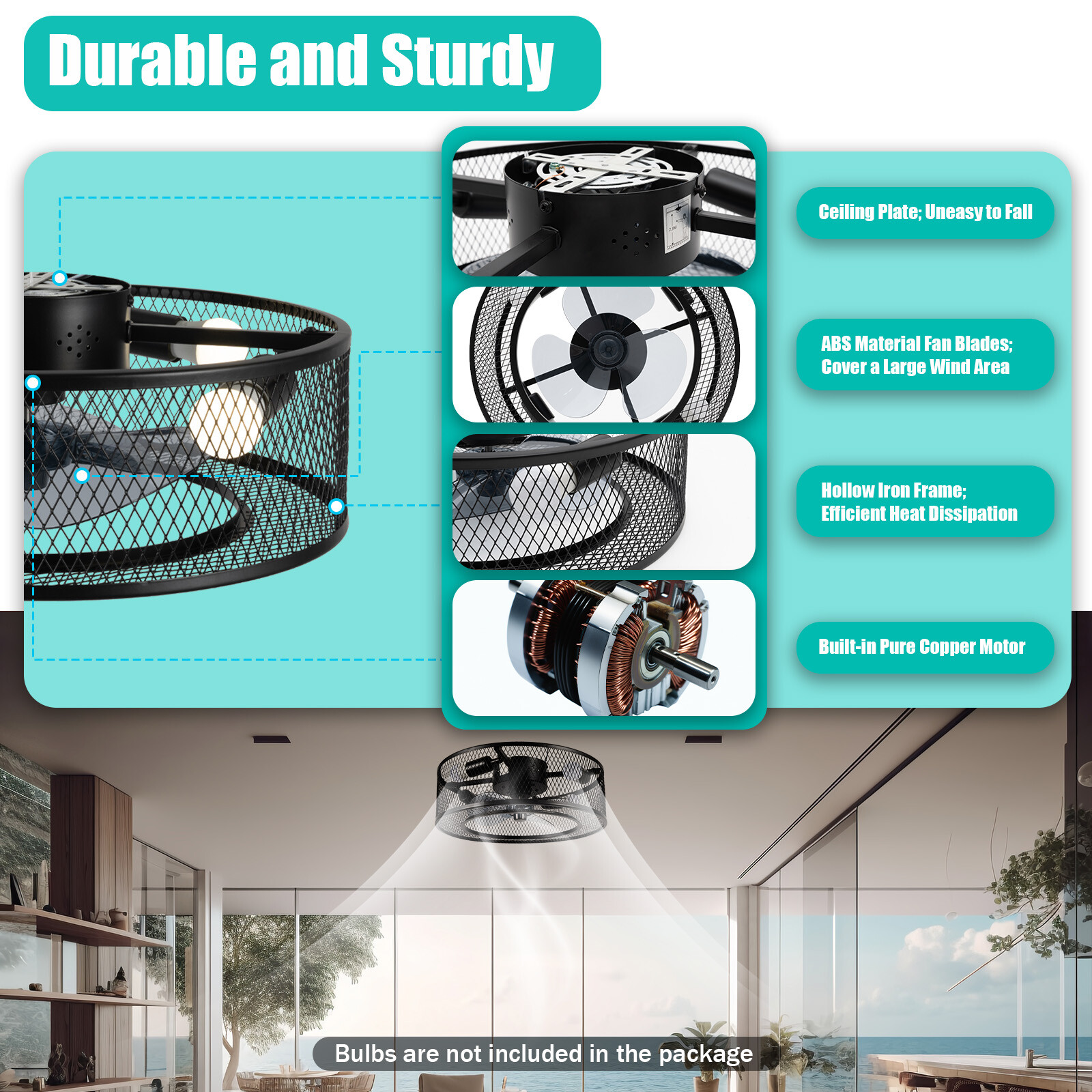 Modern LED Ceiling Fan Light Semi Flush Mount Caged Fan Lamp with Remote Control