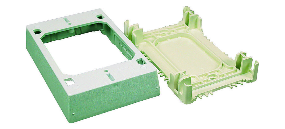 NMW Outlet Box, 1 -Gang, 0 -Knockout, Plastic, White, Wall Mounting