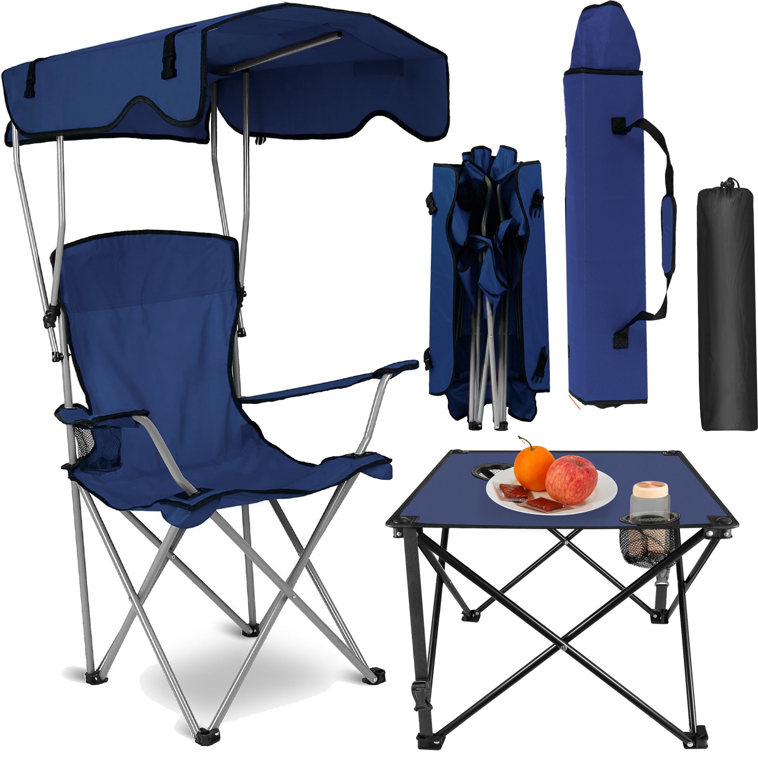 Heavy Duty Camping Chair w/Canopy & Folding Table 2 Cup Holders Lightweight