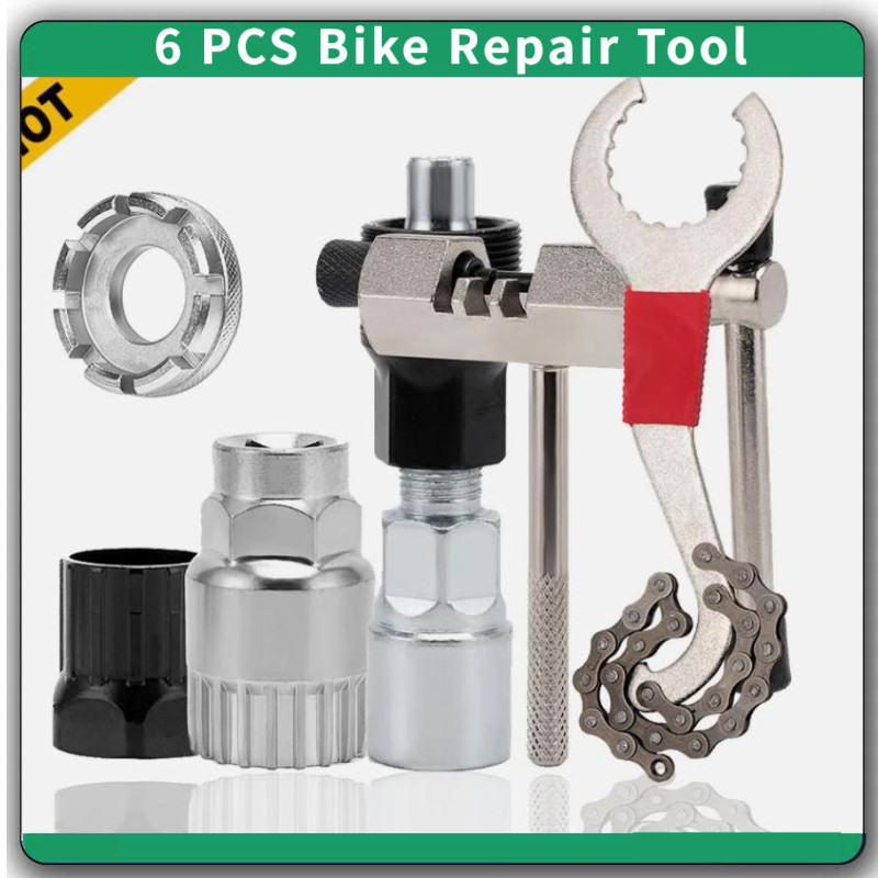 6PCS Bike Tool Kit w/ 3-in-1 Cassette Remover Wrench Crank Puller Extractor