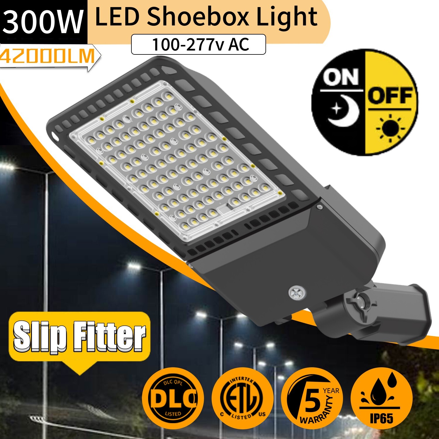 DLC 300W LED Shoebox Pole Light Commercial Parking Lot Pole Fixture Dusk To Dawn