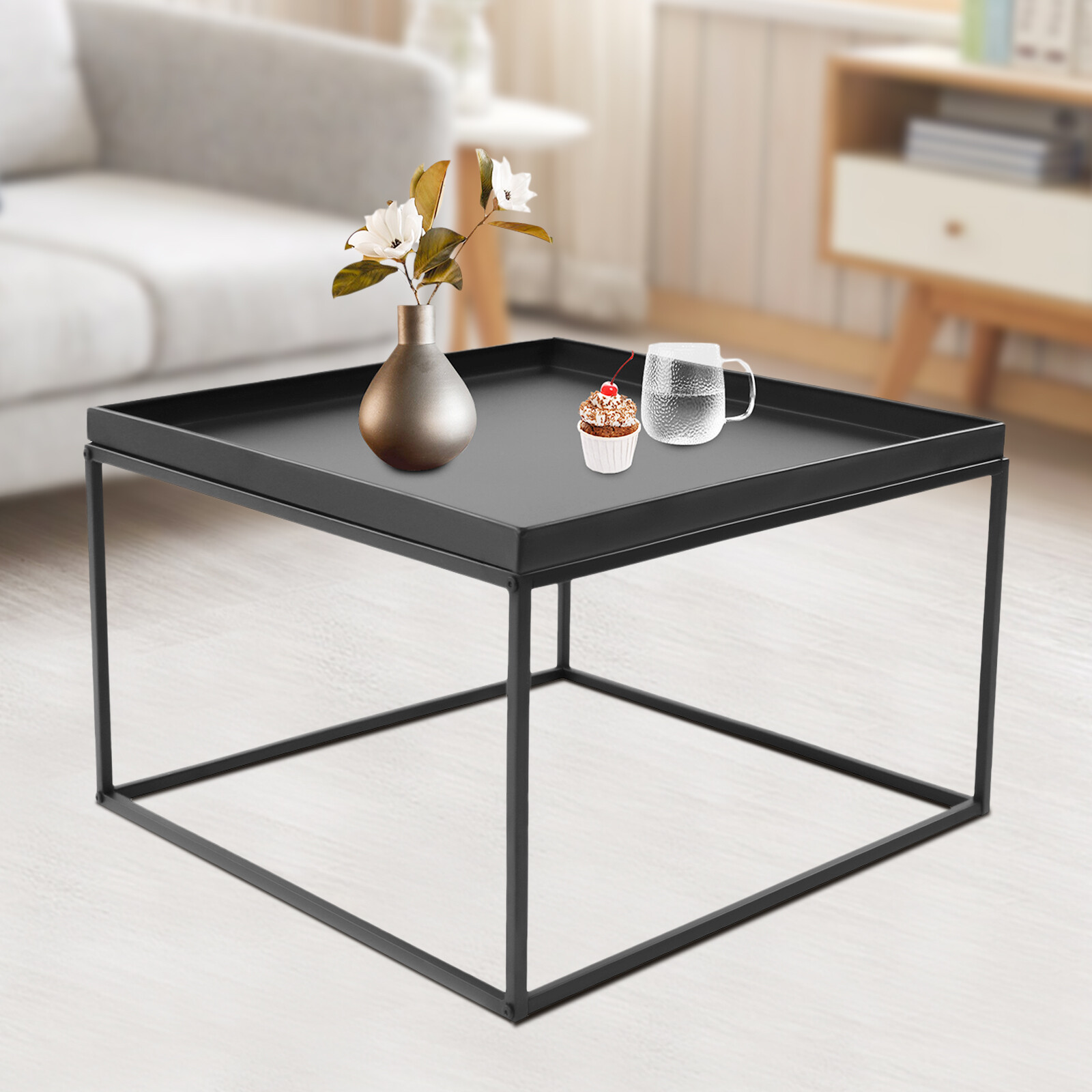 59cm Metal Square Coffee Table End Table/Side Table For Office Home Matt Black