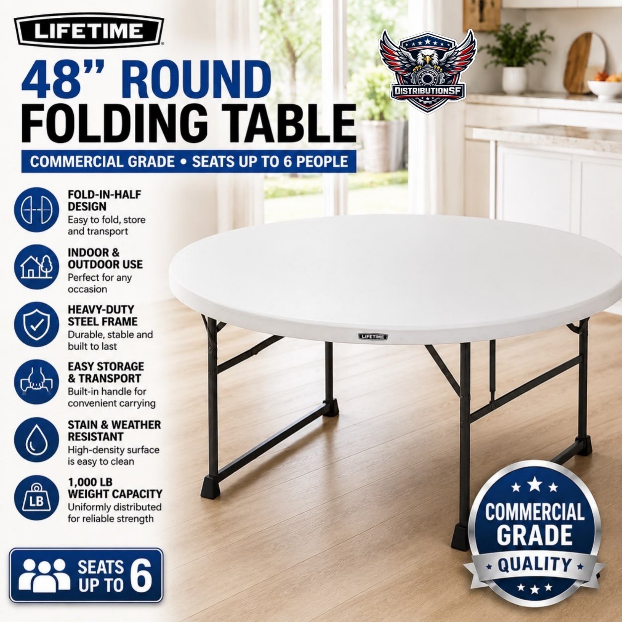 Lifetime 48” Round Folding Table Commercial Grade Indoor Outdoor White
