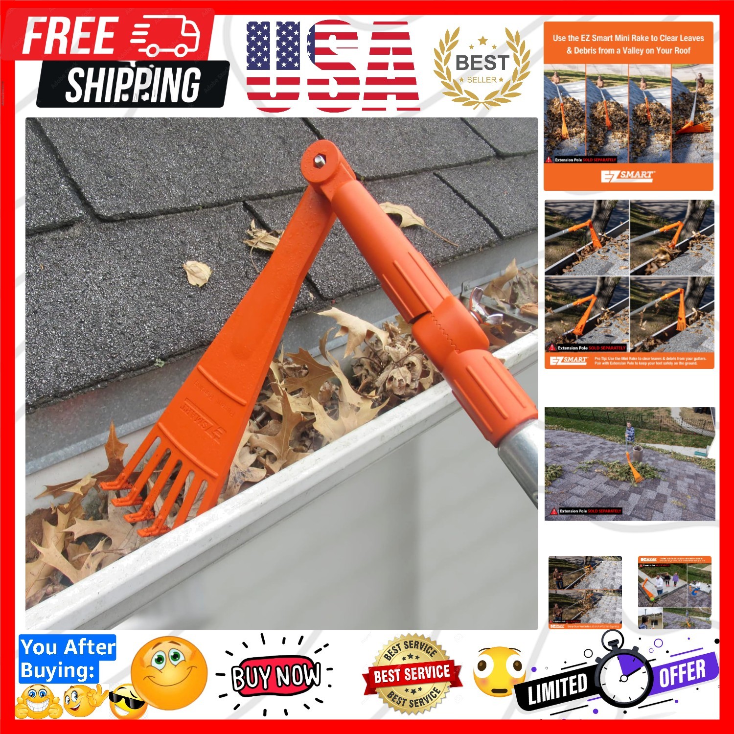 Adjustable Mini Rake Head for Safe Gutters & Roof Cleaning - No Ladder Needed