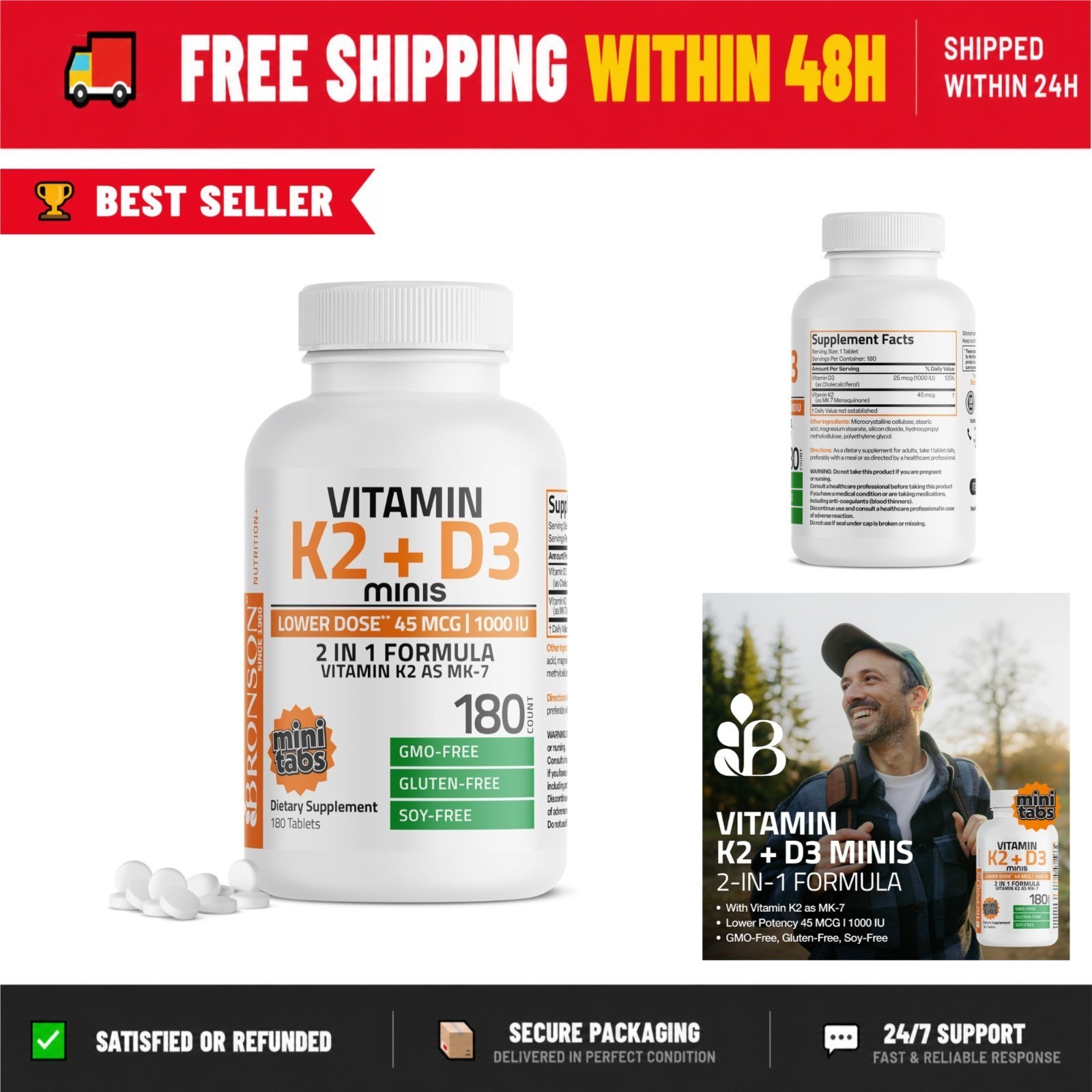 Bronson Vitamin K2 MK7 with D3 45mcg Daily Maintenance 180 Tablets