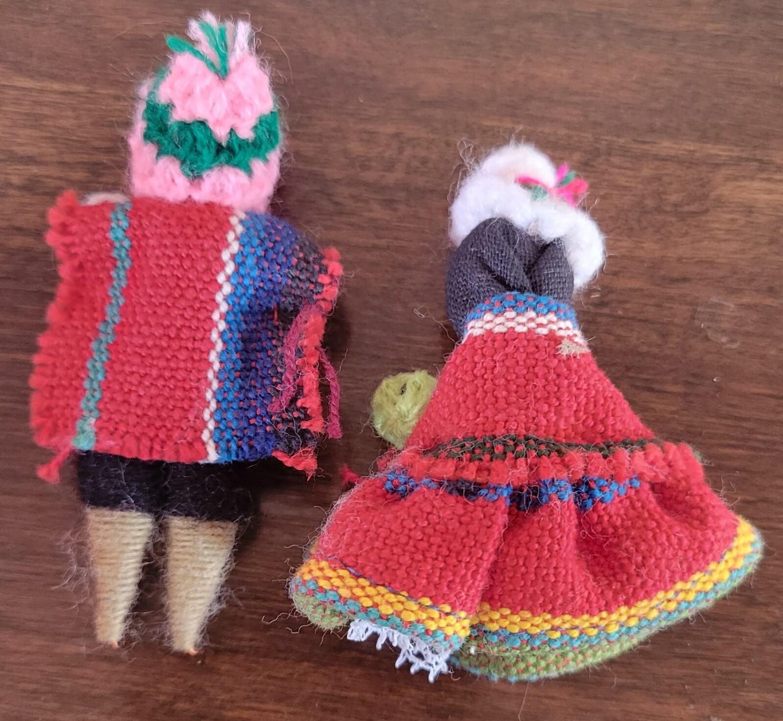 Vintage Pair Small Peruvian Folk Doll Handmade 2.50" Holding Lamb And Baby
