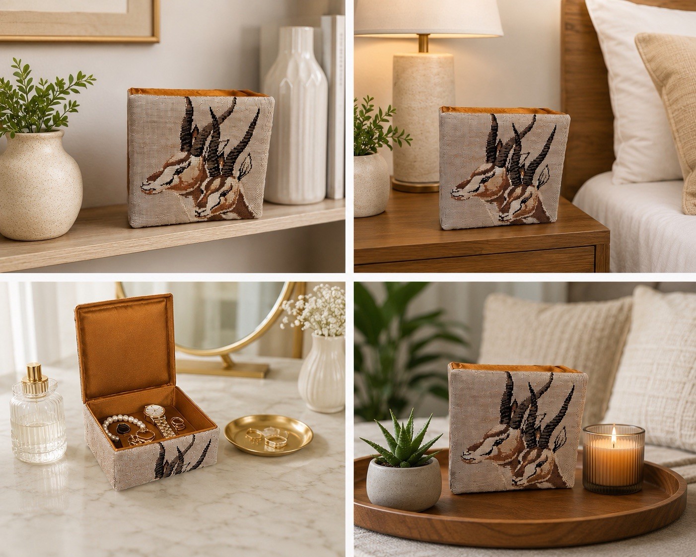 Decorative Tapestry Antelope Trinket Box Satin Interior 4” Keepsake Box