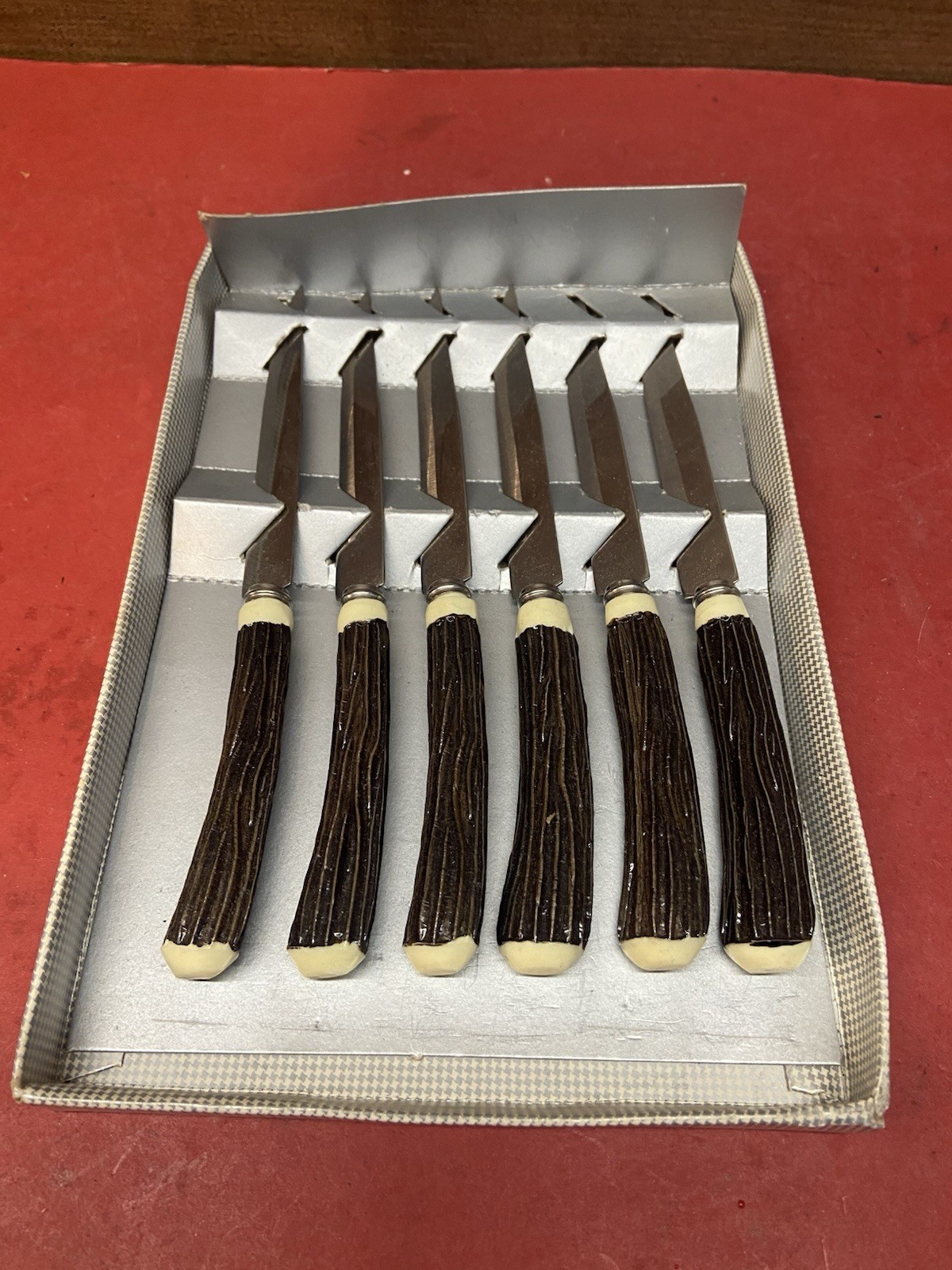 Vintage Stainless Steel 6 Knives Made In Japan Bakelite Antler Knife Set