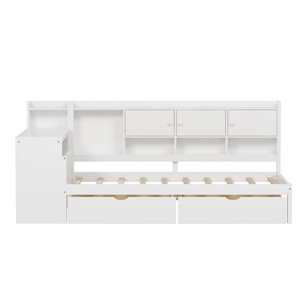 White L-Shape Daybed w/ Storage Cabinets & Desk, Twin Size