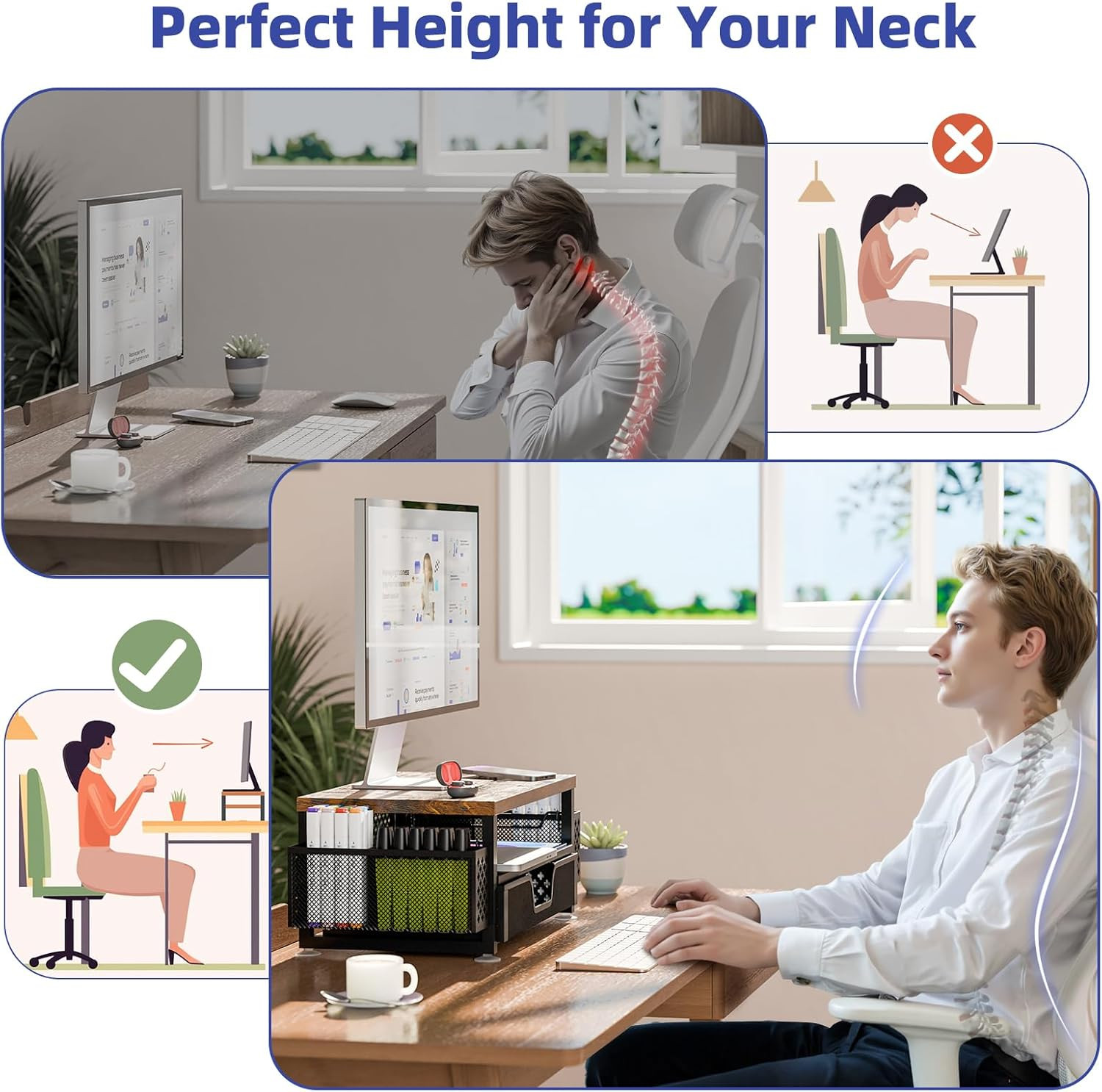 Desk Organizers and Accessories, 2 Tier Monitor Stand Riser with Drawer and 2 Pe