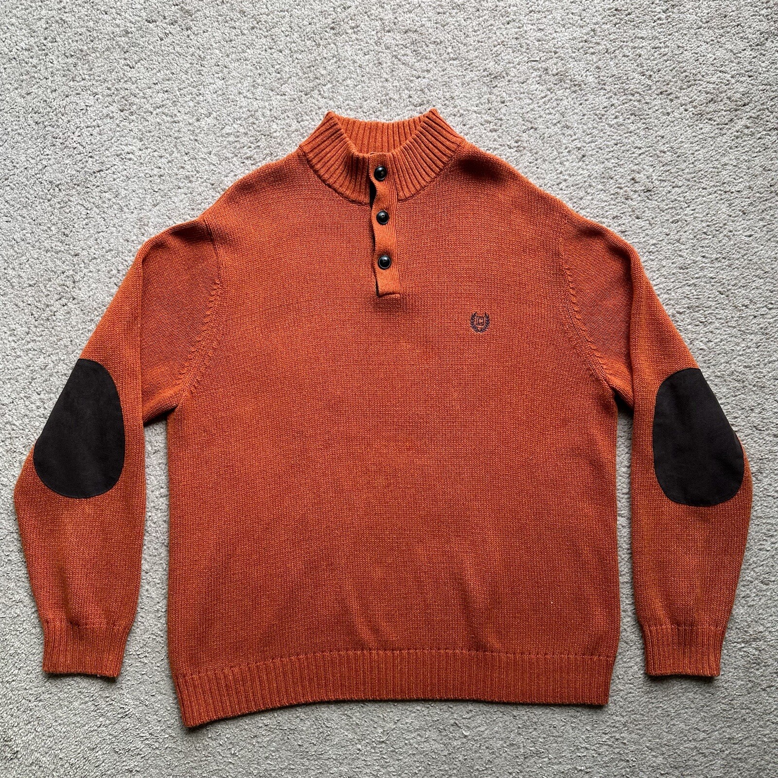 Chaps Sweater Mens XL 1/4 Button Mock Neck Long Sleeve Elbow Pads Orange