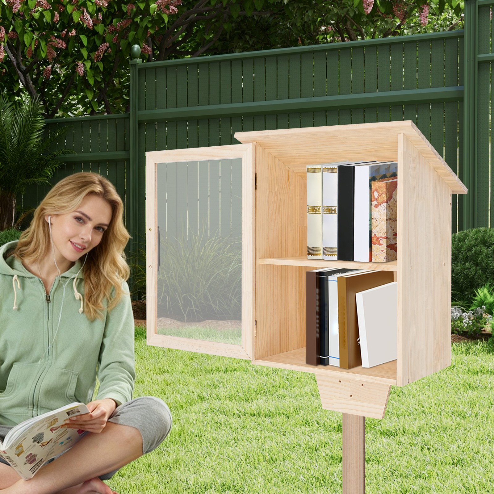 2 Tiers Book Storing Cabinet, Single-Door Wooden Bookcase, Newspapers Cabinet