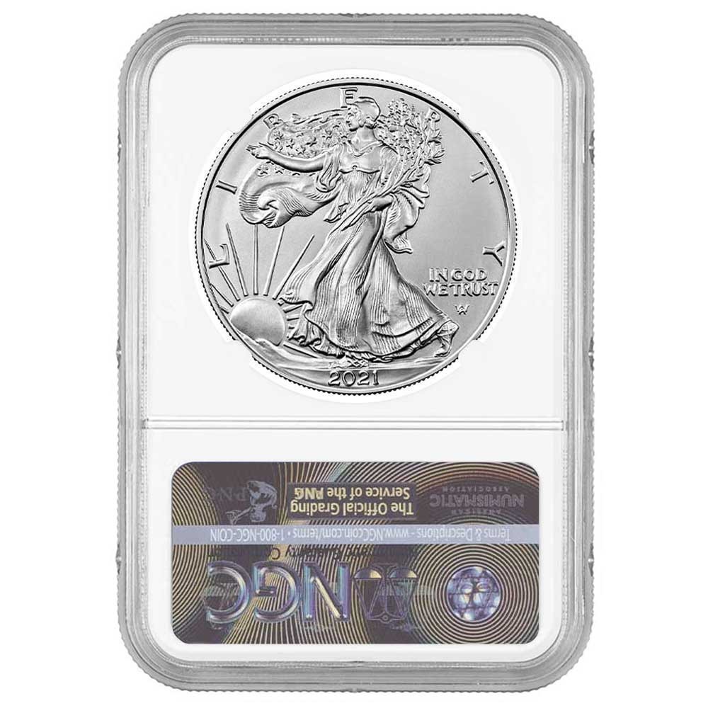 2021 $1 Type 2 American Silver Eagle NGC MS70 ER Blue Label Reverse