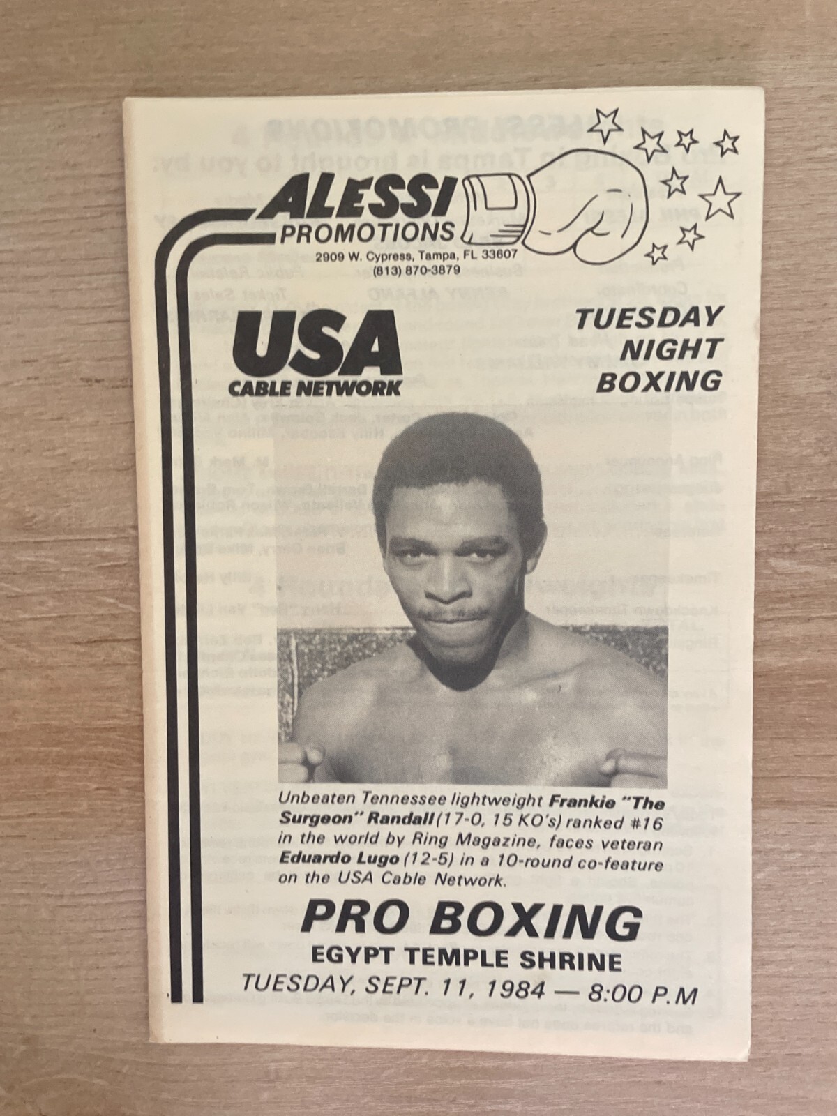 Vintage Alessi Promotions Pro Boxing September 11, 1984 Program B1512