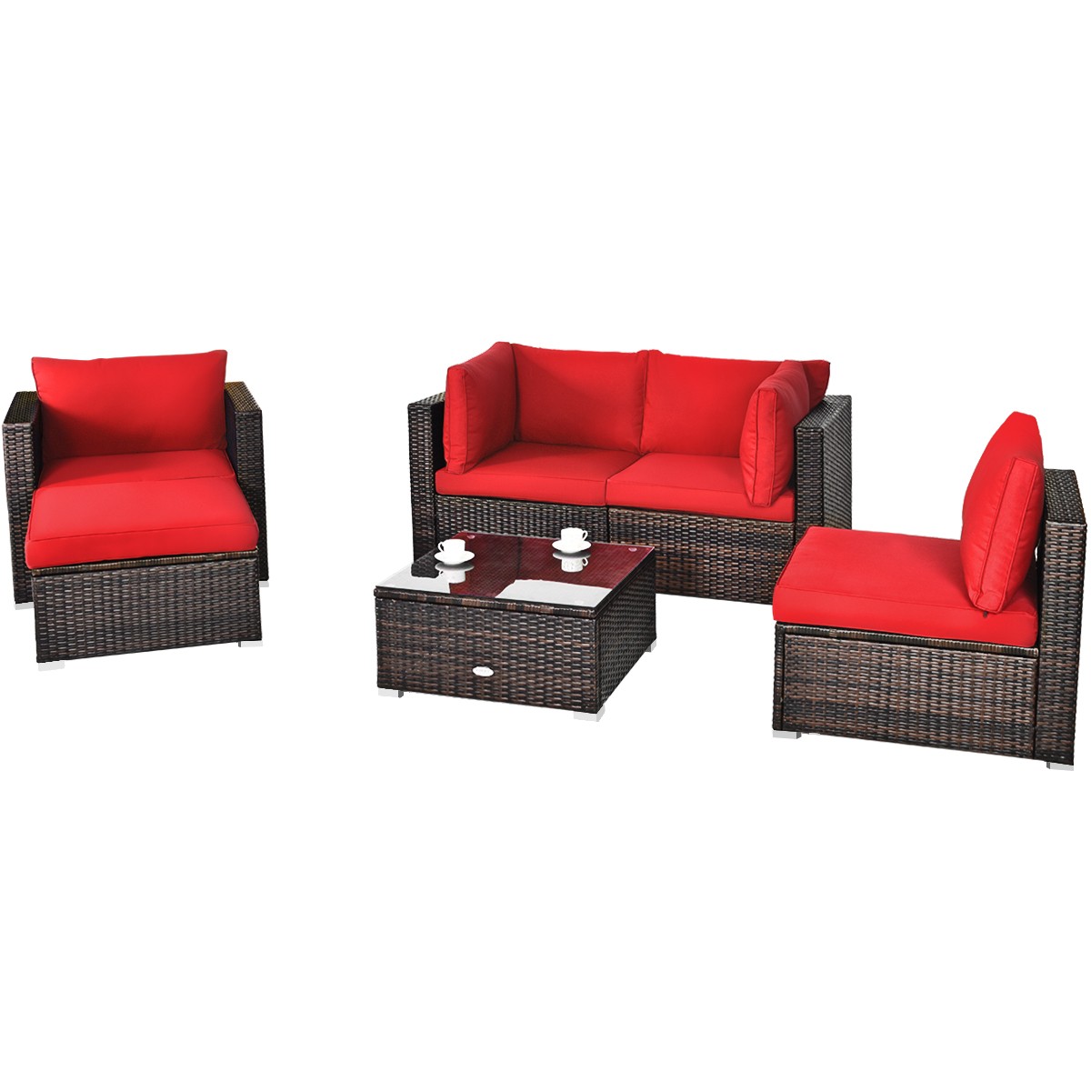 Patiojoy 6PCS Rattan Patio Furniture Set Cushioned Sofa Chair Ottoman