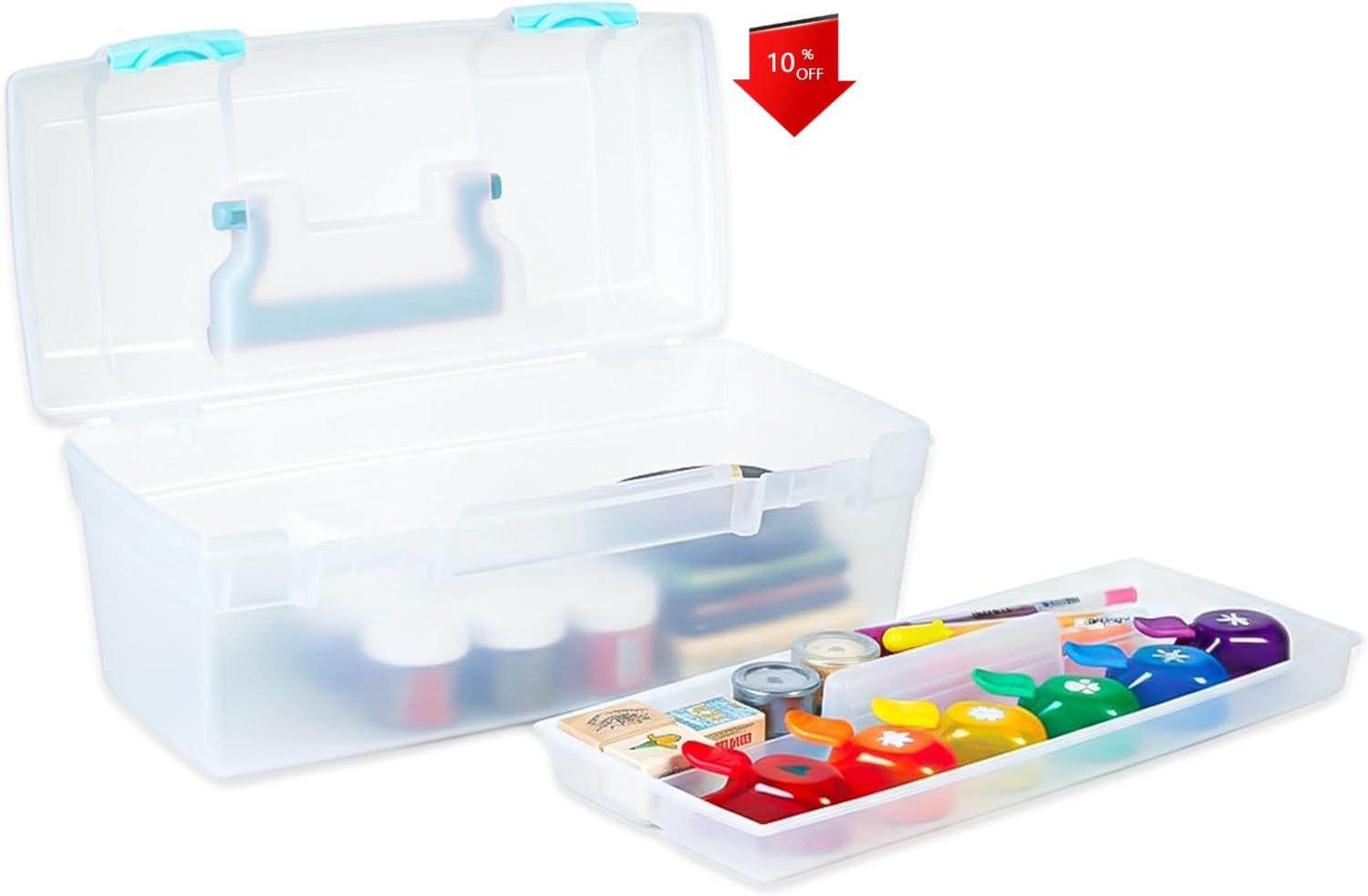 Portable Art Supply Organizer (with Handle and Tray), Clear/Aqua Blue