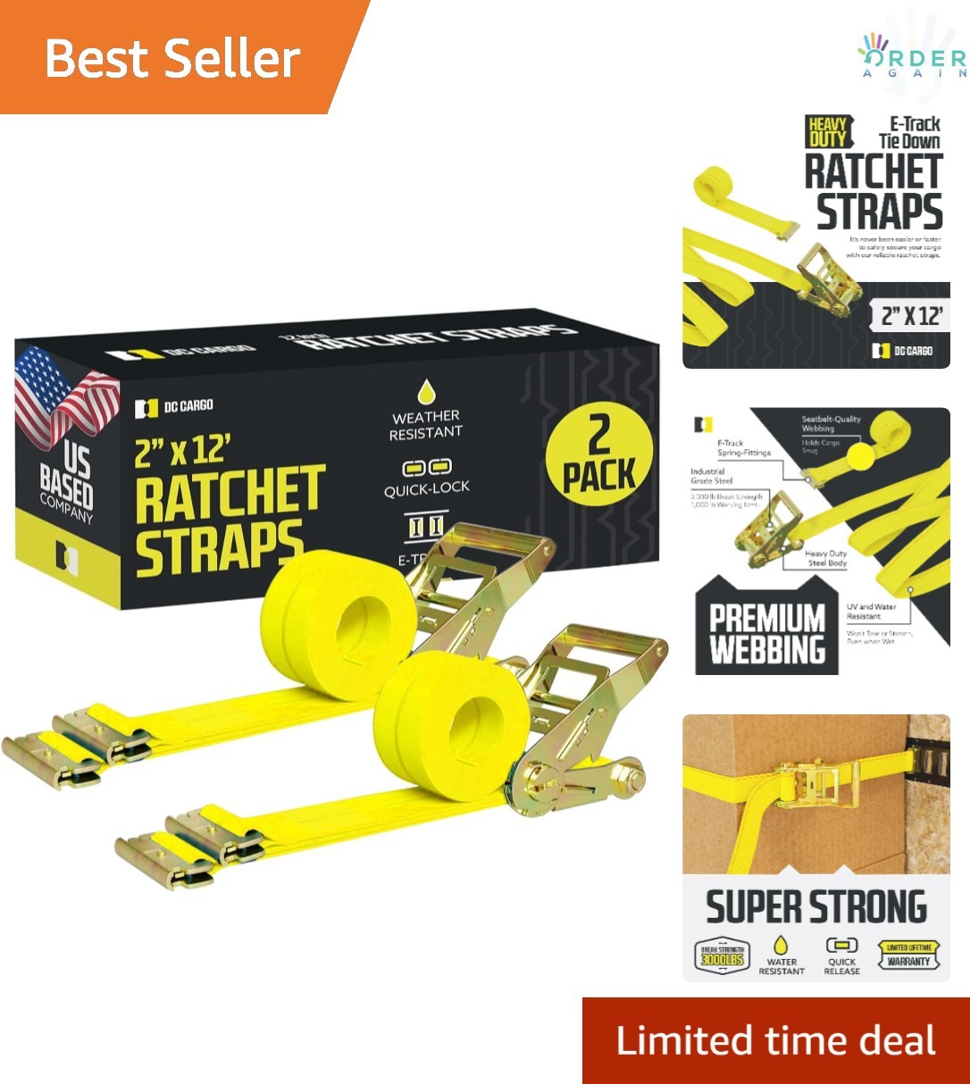 E Track Ratchet Straps Heavy Duty Cargo Tie-Downs Pack of 2 3000 lb Capacity