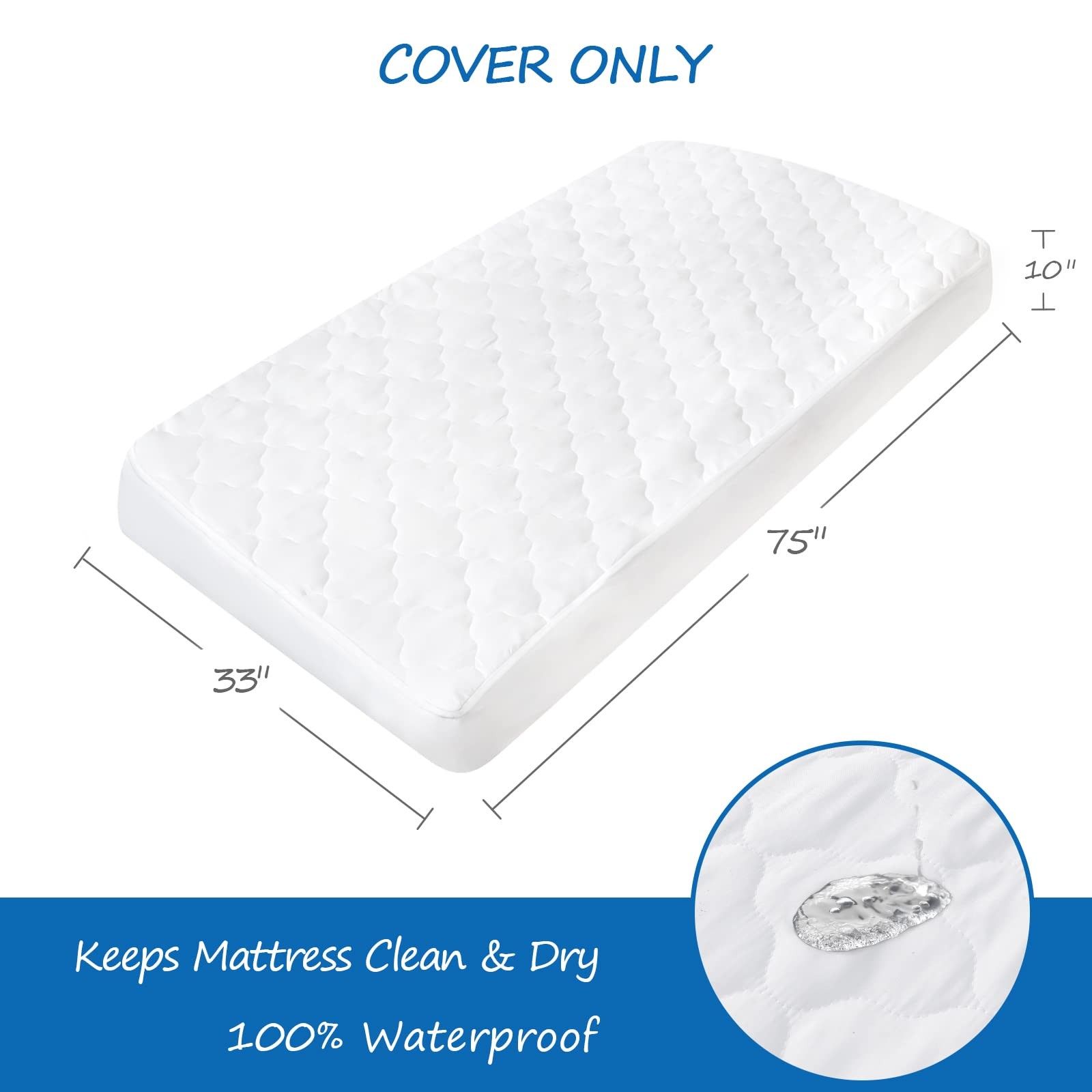 Cot Mattress Pad Protector Waterproof, Quilted Daybed 33" X 75", White