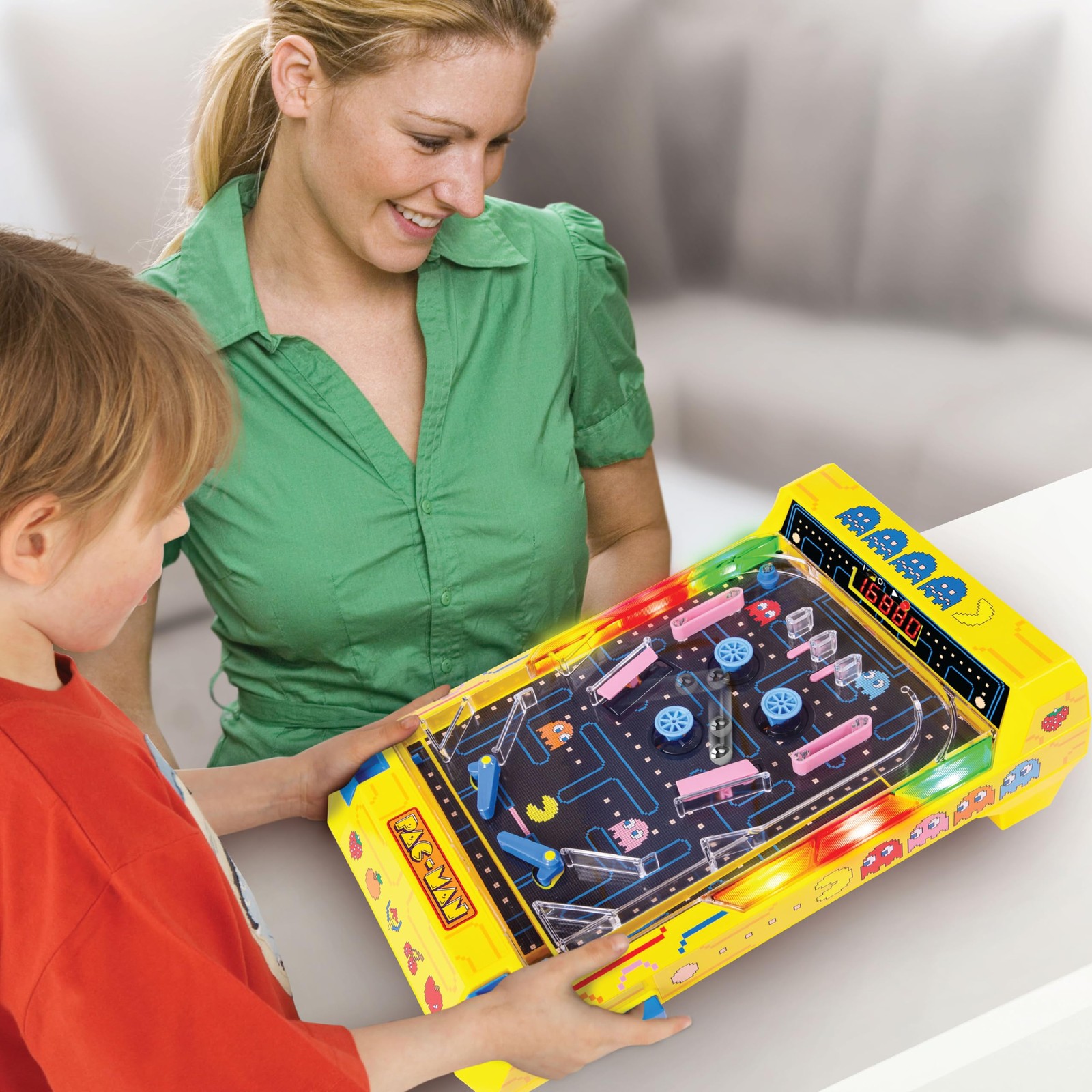 Pac Man Pinball Machine Tabletop Game Interactive LED Sound Effects Compact D...