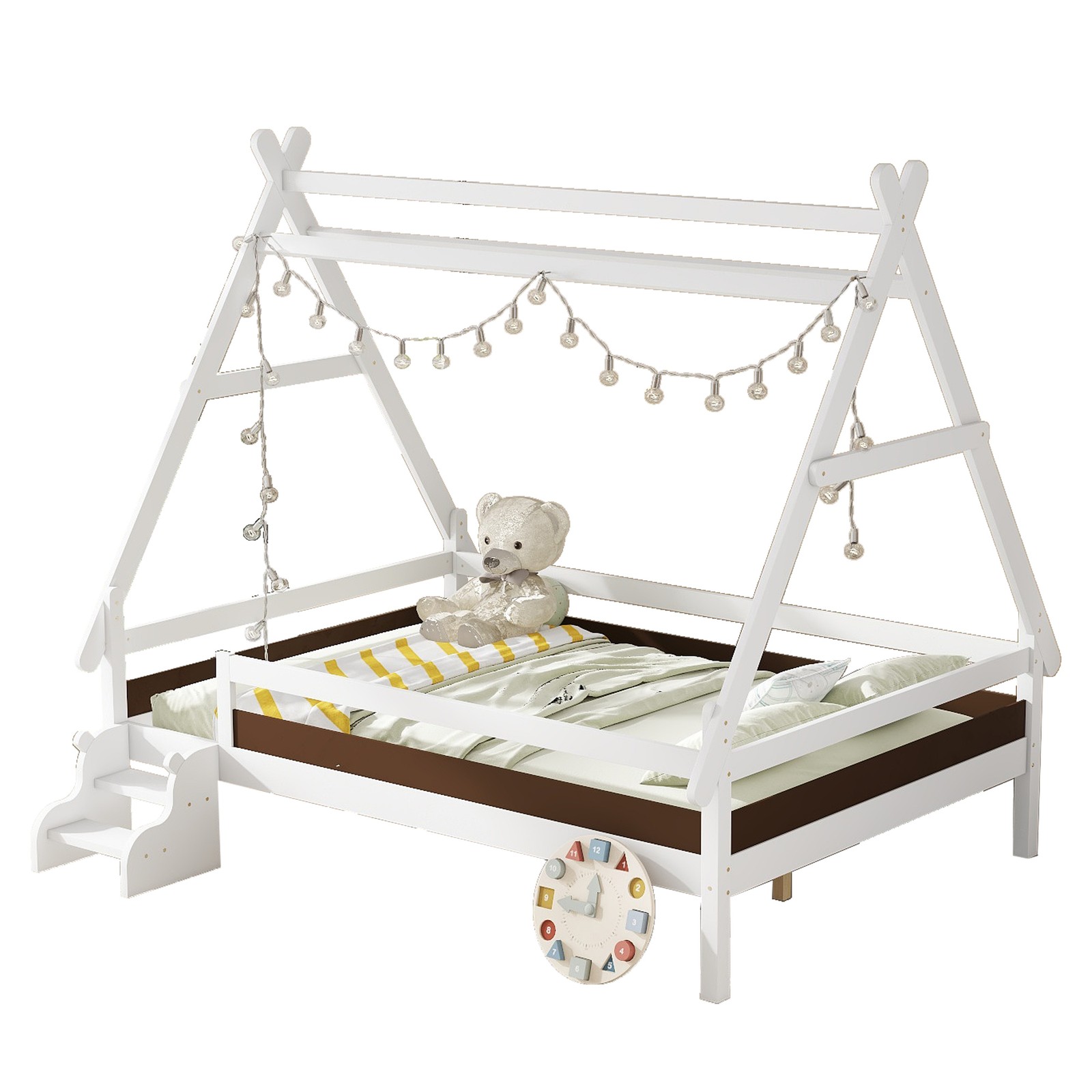 Full House Platform Bed with Stairs, Solid Wood Frame, White