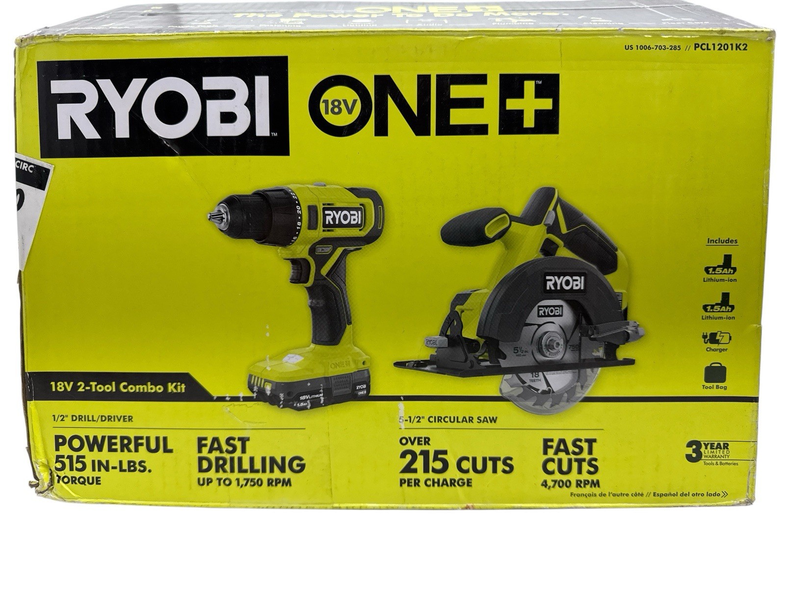 Ryobi One+ 18V Drill/Driver & Saw Tool Combo Kit W/2 Batteries Bag PCL1201K2 (OB
