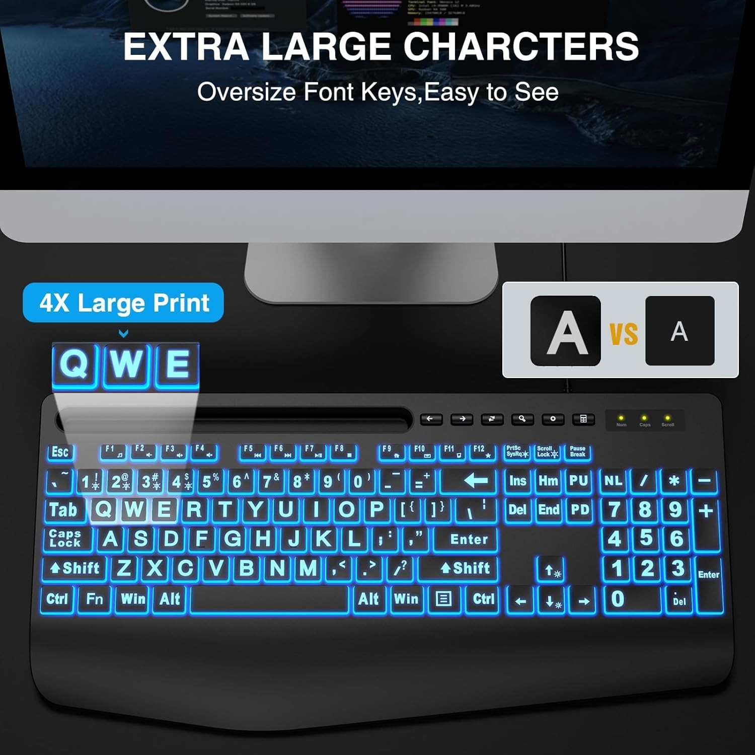 Large Print Backlit Keyboard, Wired USB Lighted Computer Keyboard-7 colors