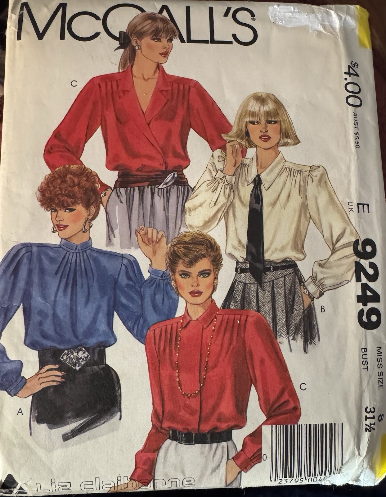Vtg McCall's Liz Claiborne pattern 9249 Misses' Blouses & Tie size 8 uncut