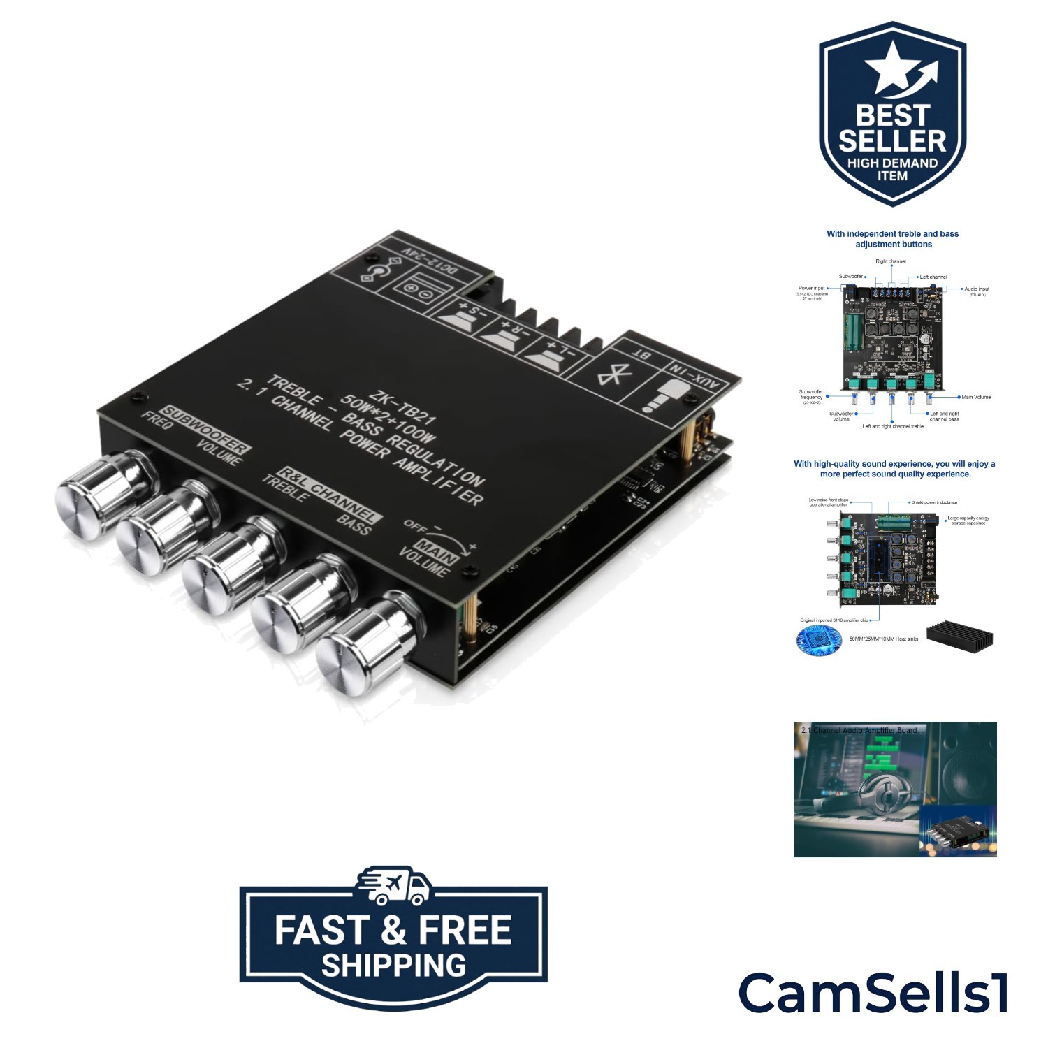 Bluetooth Audio Amplifier Board, 2.1CH 50W x 2 +100W Subwoofer Amp | Power Am...