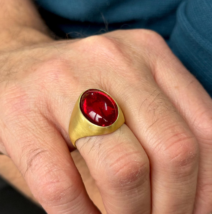 Vintage Deep Cabochon Red Ruby Men's Ring Brass Signet Ring Daily Wear Ring