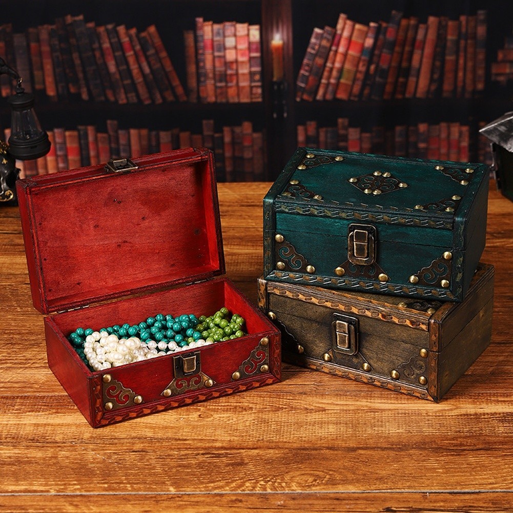 Antique Desktop Wooden Storage Box for Jewelry and Trinket Organization
