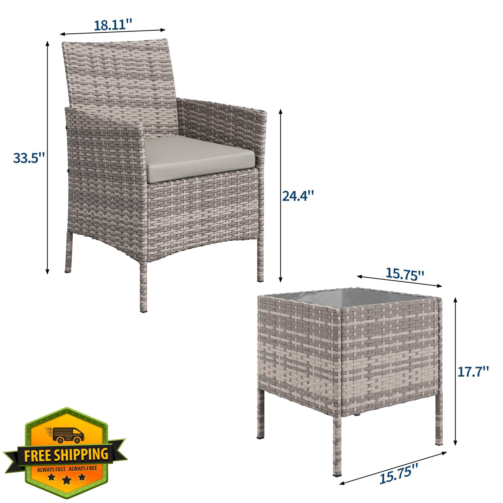 MilleLoom 3pc PE Rattan Wicker Outdoor Furniture Set Gray/Light Gray Cushions