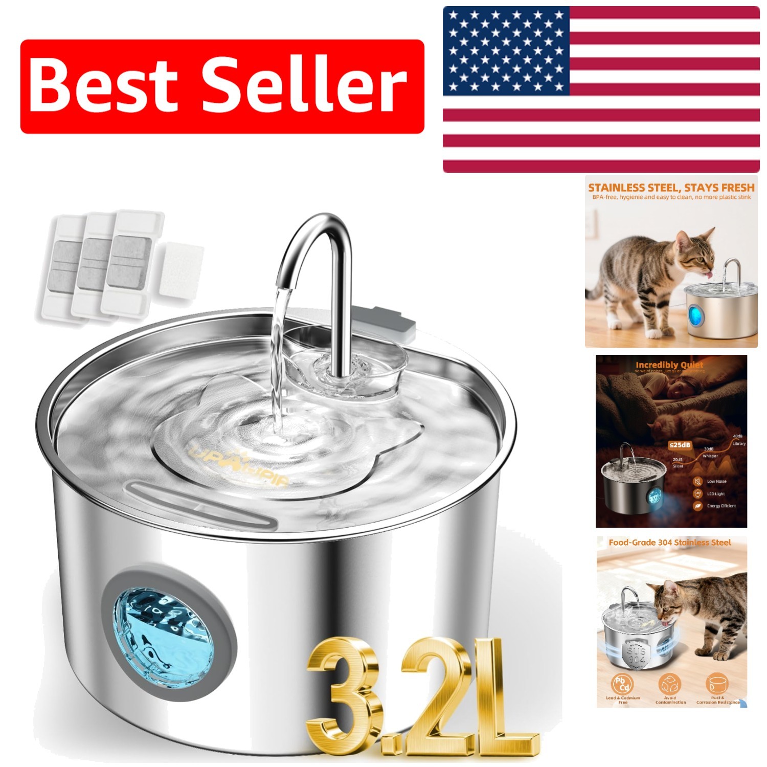 Hydrate Your Pets with Our 3.2L Quiet Stainless Steel Water Dispenser & Filters