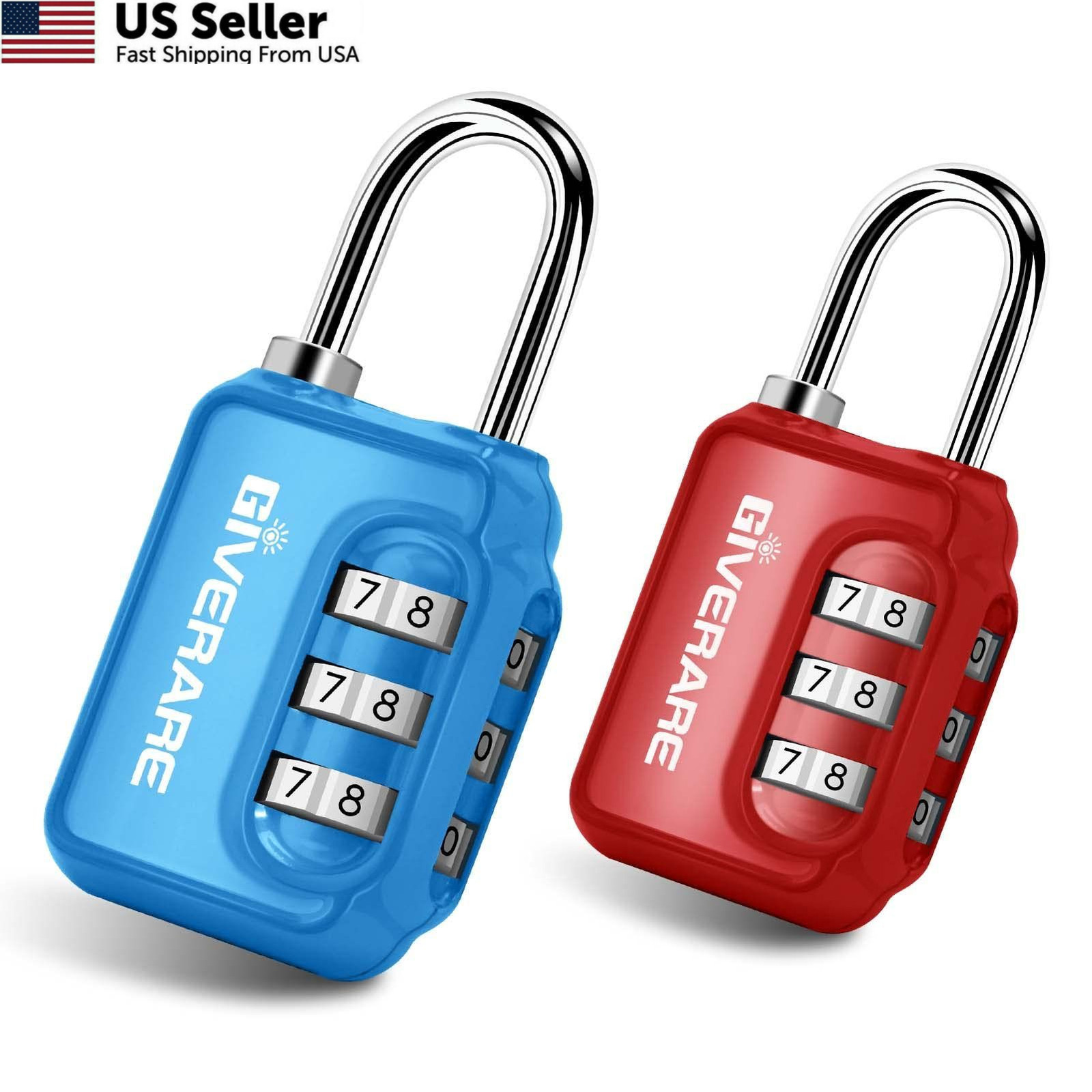 Combination Lock 3-Digit Keyless Luggage Padlock Gym Locker 2-Pack Blue Red USA
