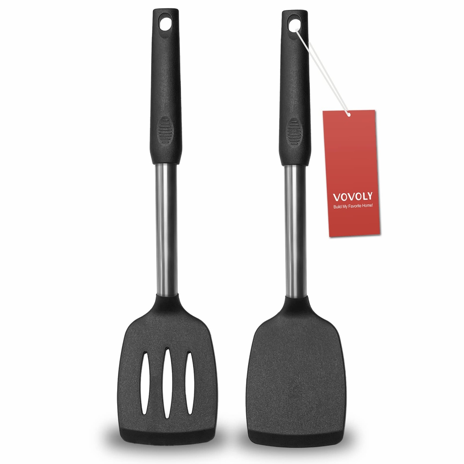 2 Pack Spatulas, Solid & Slotted Silicone Spatula Set, Stainless Steel Handle...