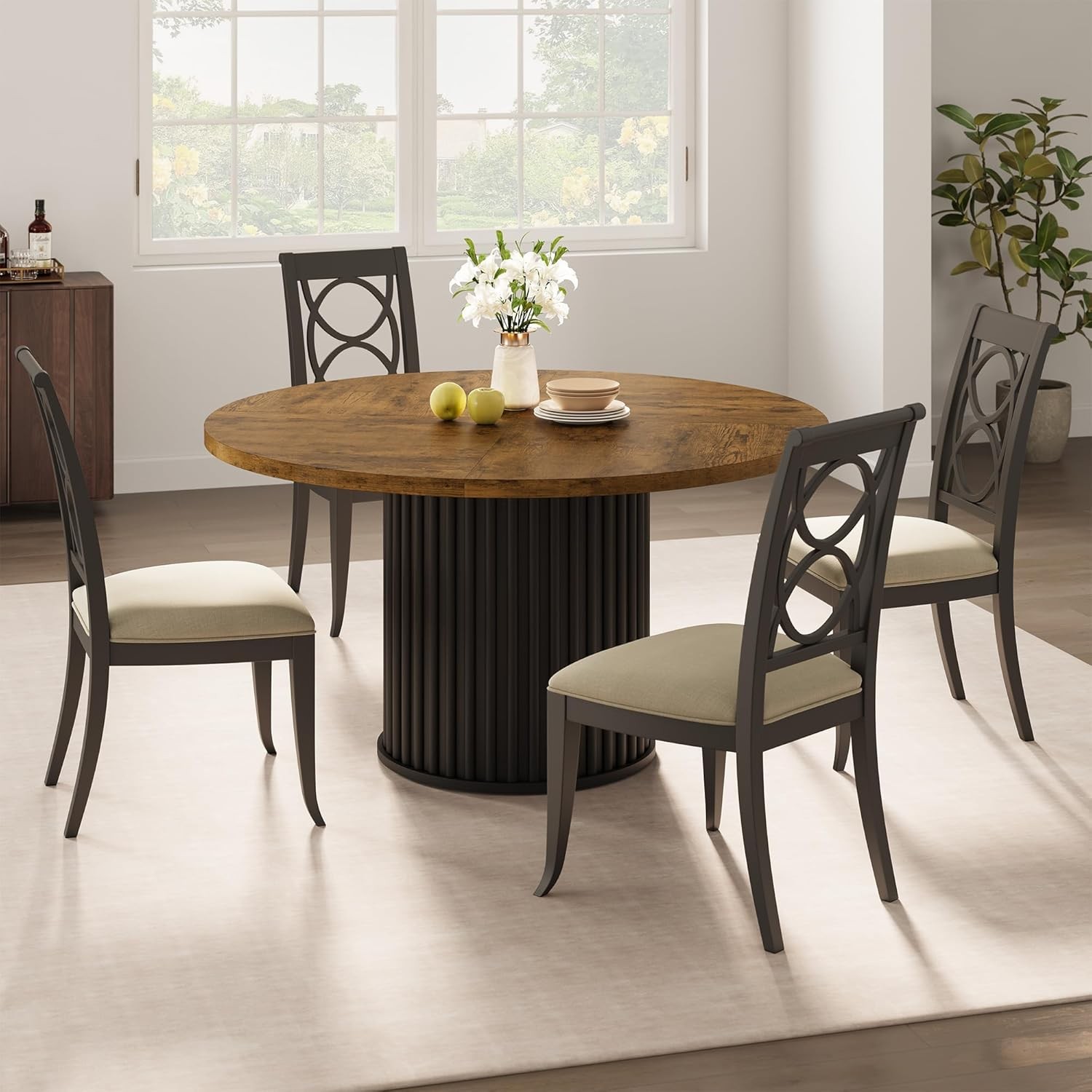 Round Dining Table 47", Wooden Kitchen Table Waveform Metal Base for Apartment