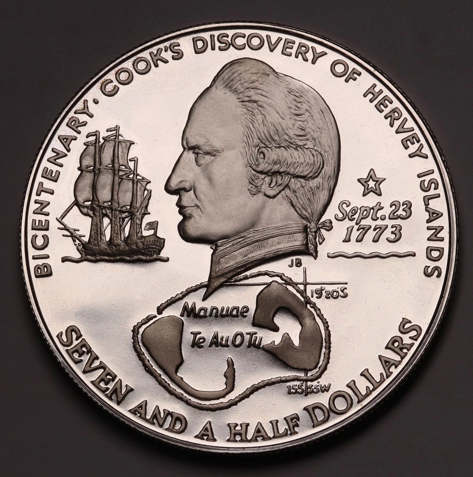 1973 COOK ISLANDS - 7 1/2 DOLLARS - HERVEY ISL. DISCOVERY - 1 Oz PROOF SILVER