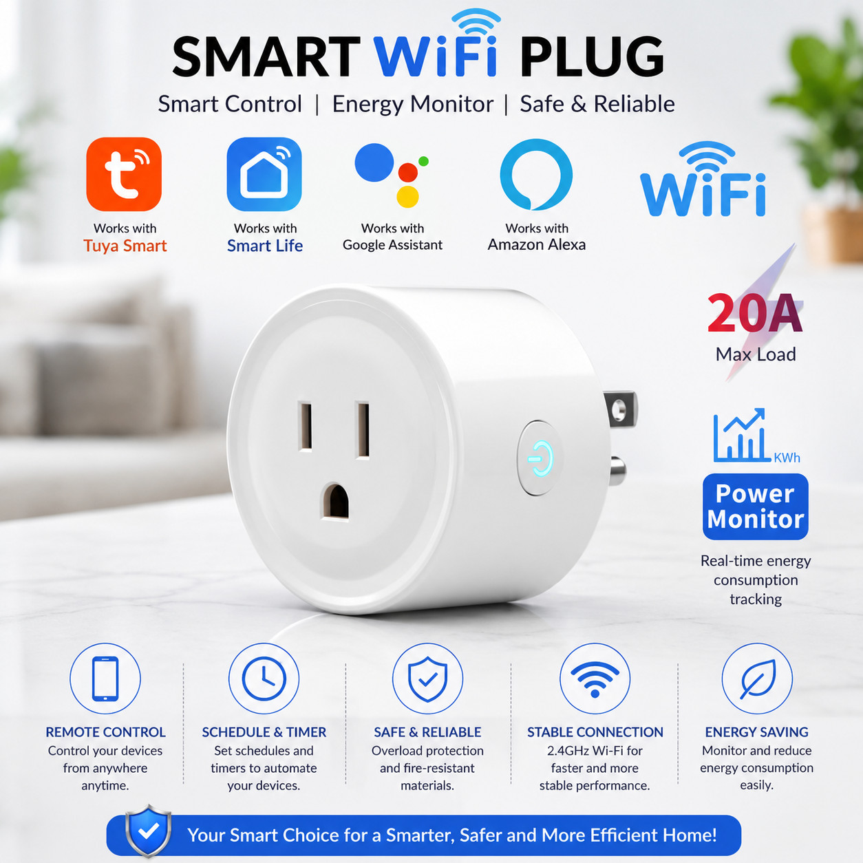 WiFi Smart Plug 20A, Power US Outlet Timer Work with Alexa & Google Assistant
