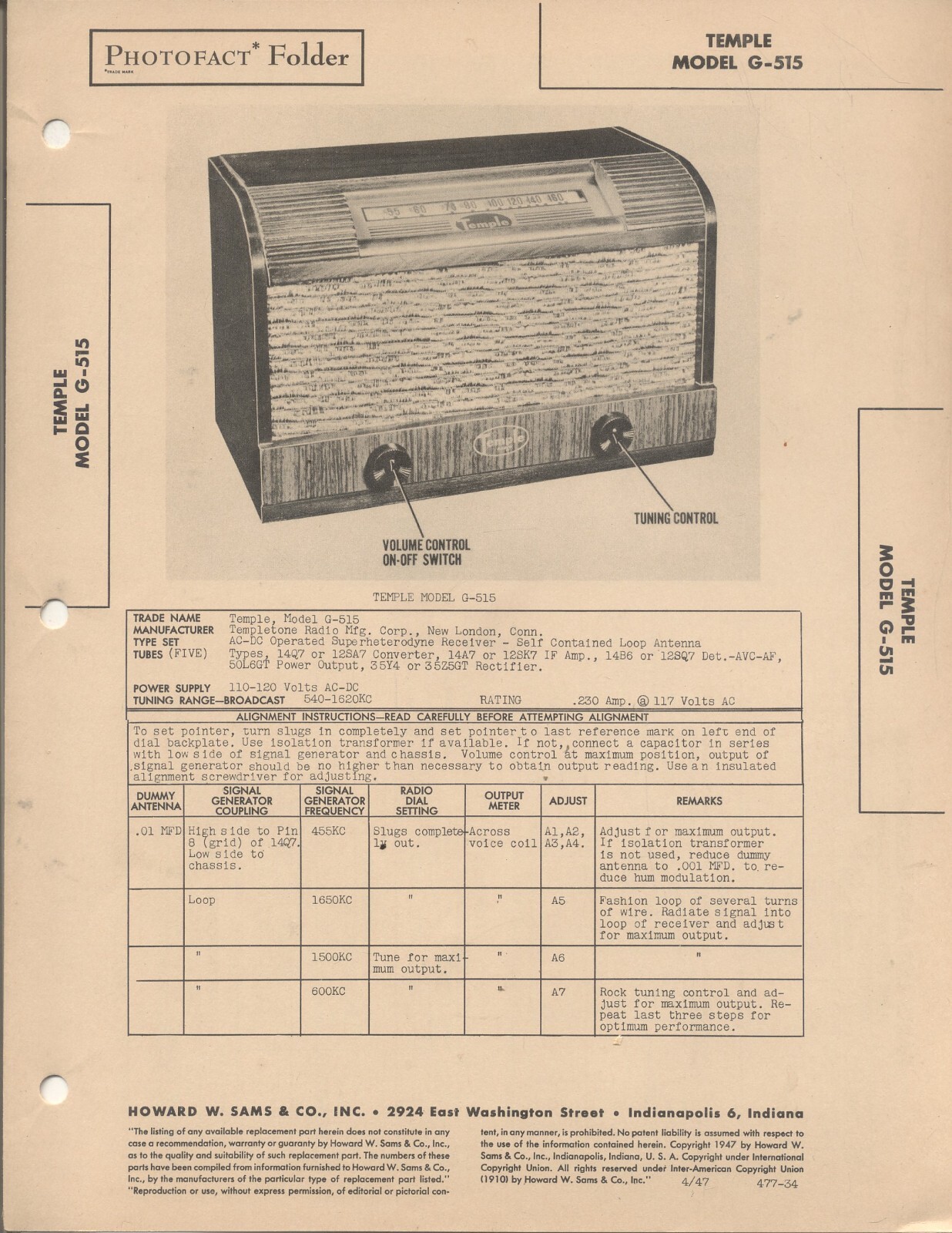 TEMPLE Model G-515 Sams Photofact 1947, 4 pages, New Old Stock