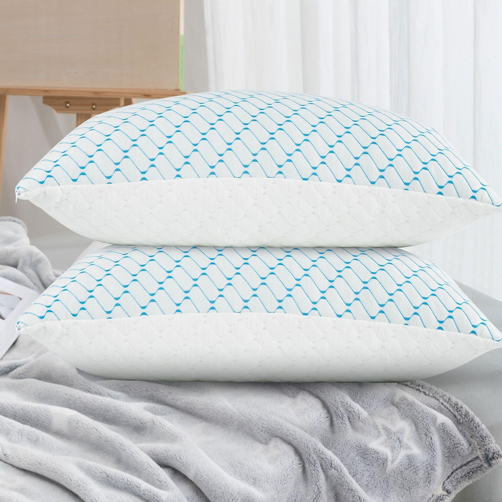 Memory Foam Pillows Queen Size Set of 2, Adjustable Cooling Pillow for Side B...